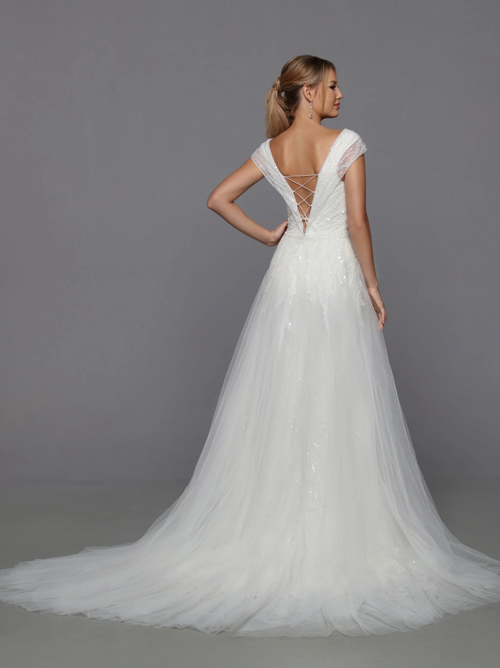 Davinci Bridal 50762 Size 12 Ivory Long Beaded Sequin Mermaid Bridal Gown Overskirt off Shoulder Cap sleeve - Image 3