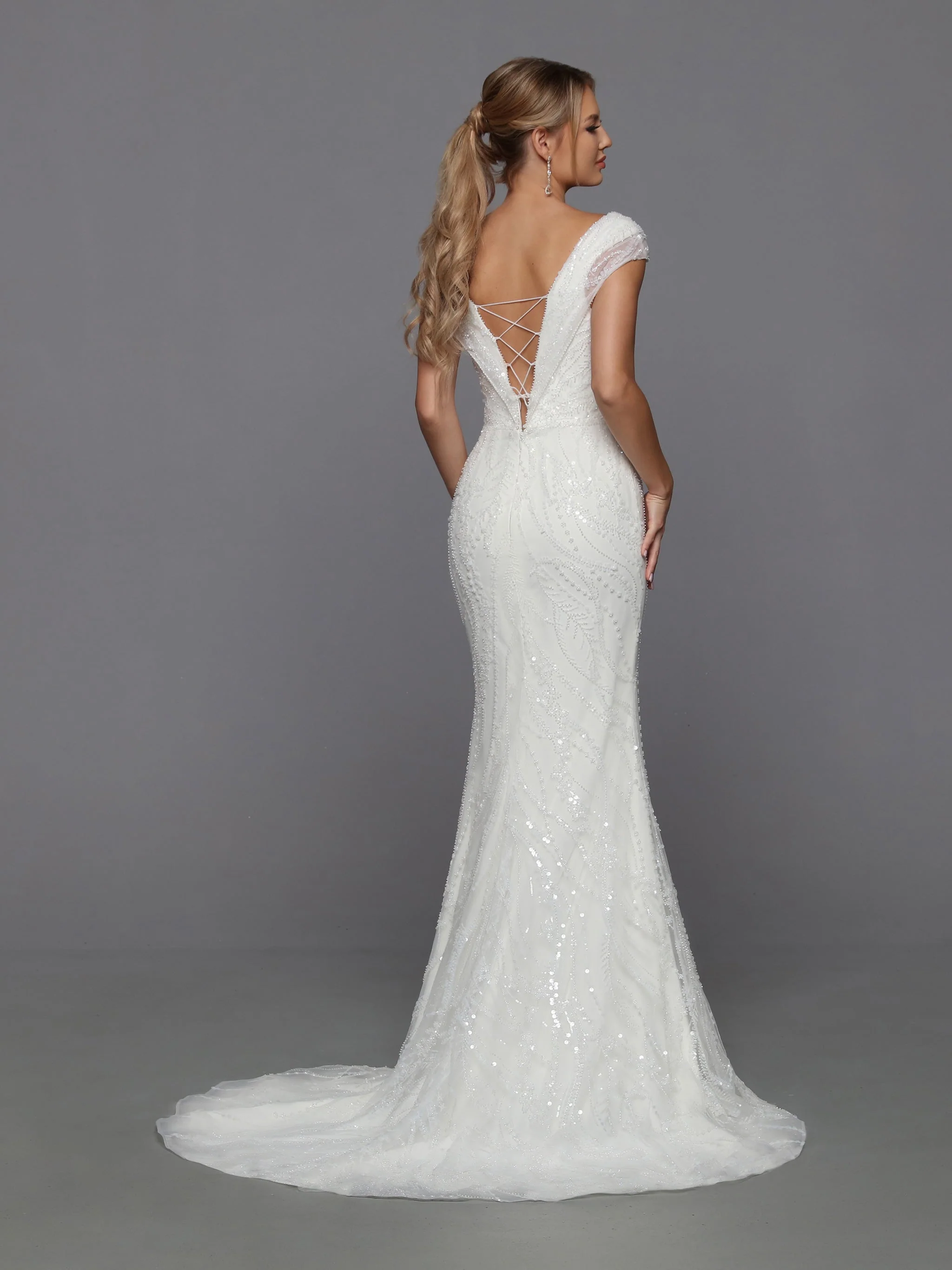 Davinci Bridal 50762 Size 12 Ivory Long Beaded Sequin Mermaid Bridal Gown Overskirt off Shoulder Cap sleeve - Image 4