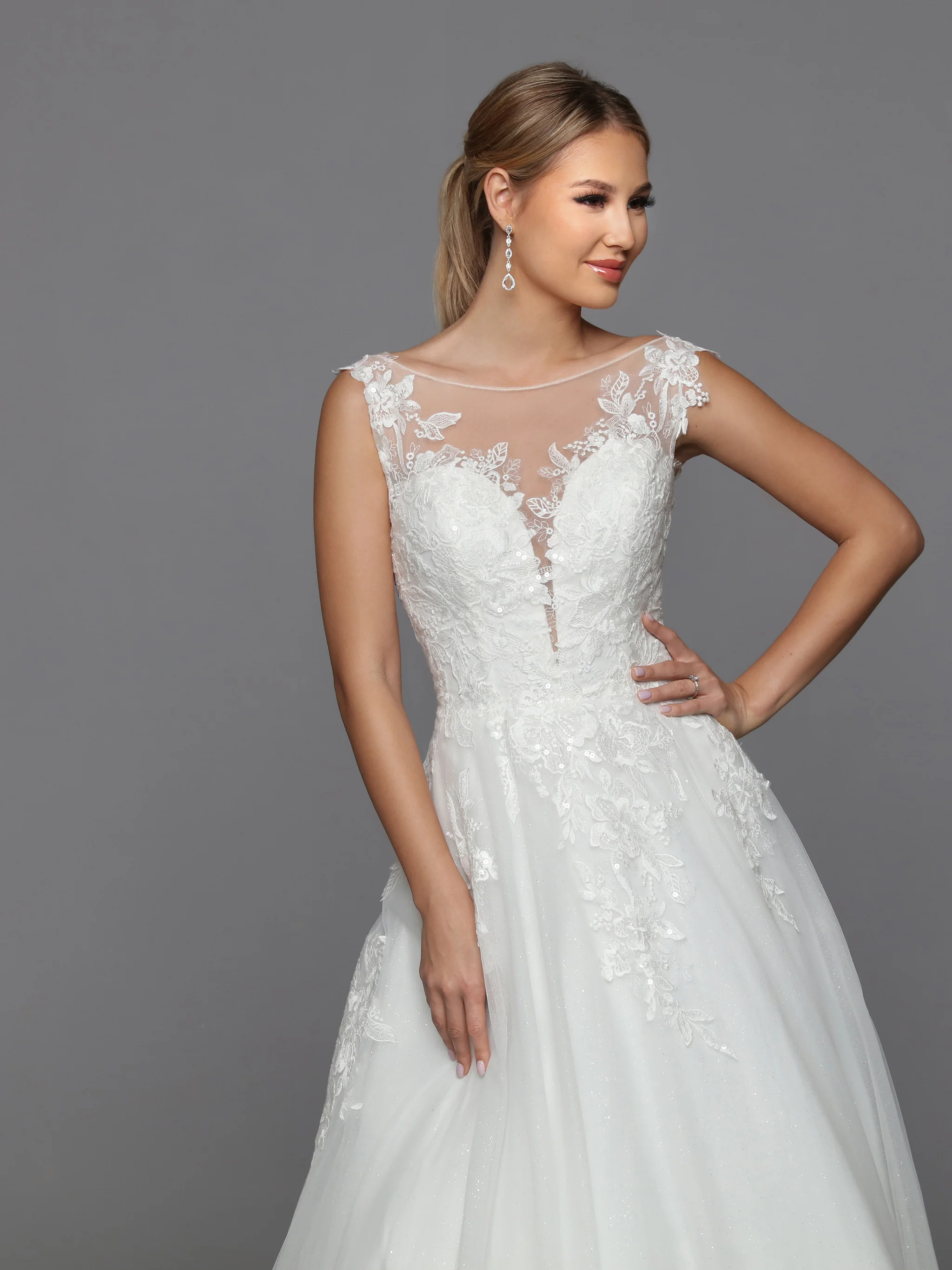 DaVinci Bridal 50769 A-Line Ballgown Illusion High Neck Long Sleeve Floral Lace Train Wedding Gown - Image 3