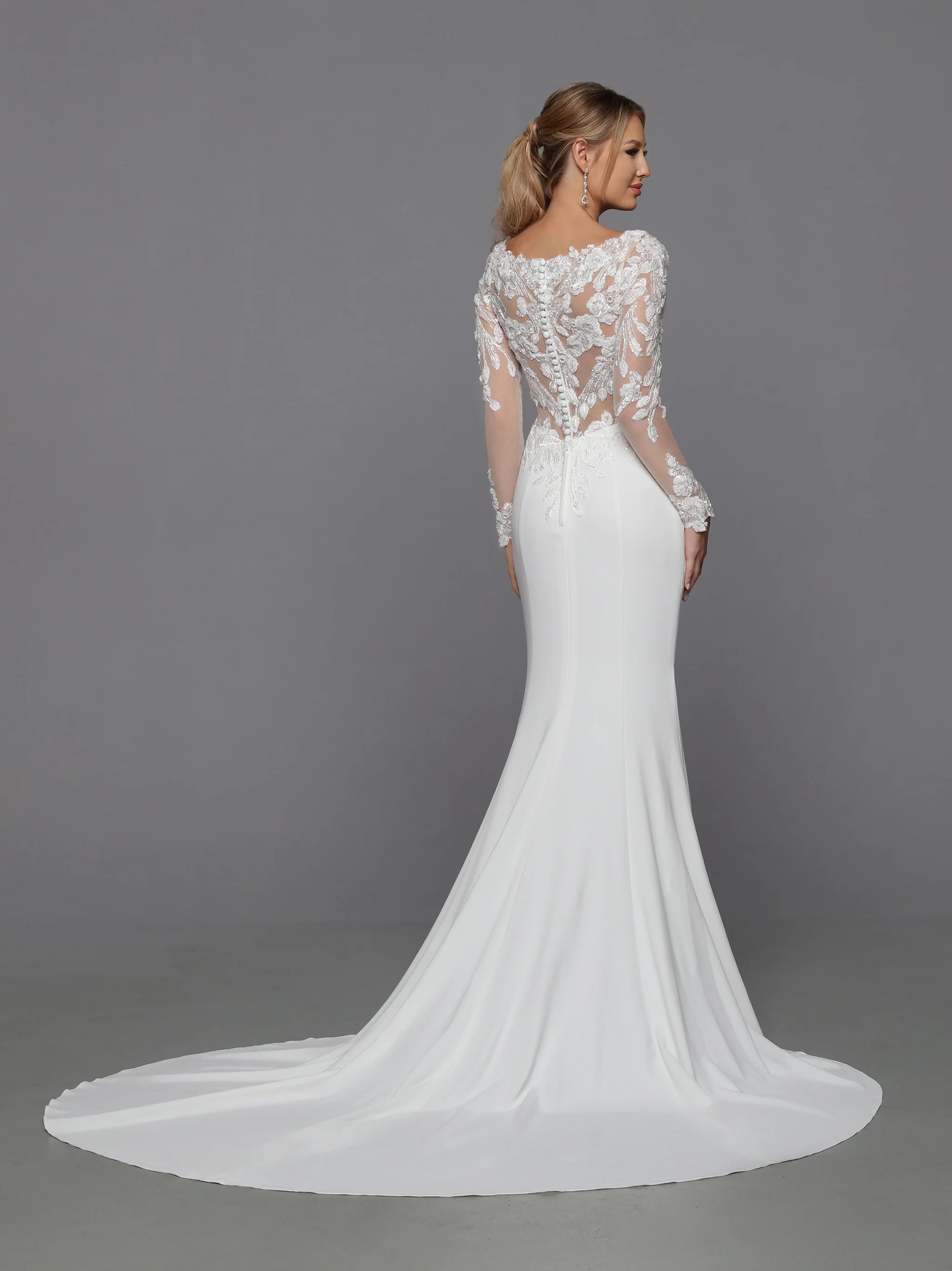 DaVinci Bridal 50776 Fit And Flare V-Neck Sheer Lace Applique Back Bodice Sleeves Train Wedding Gown - Image 3