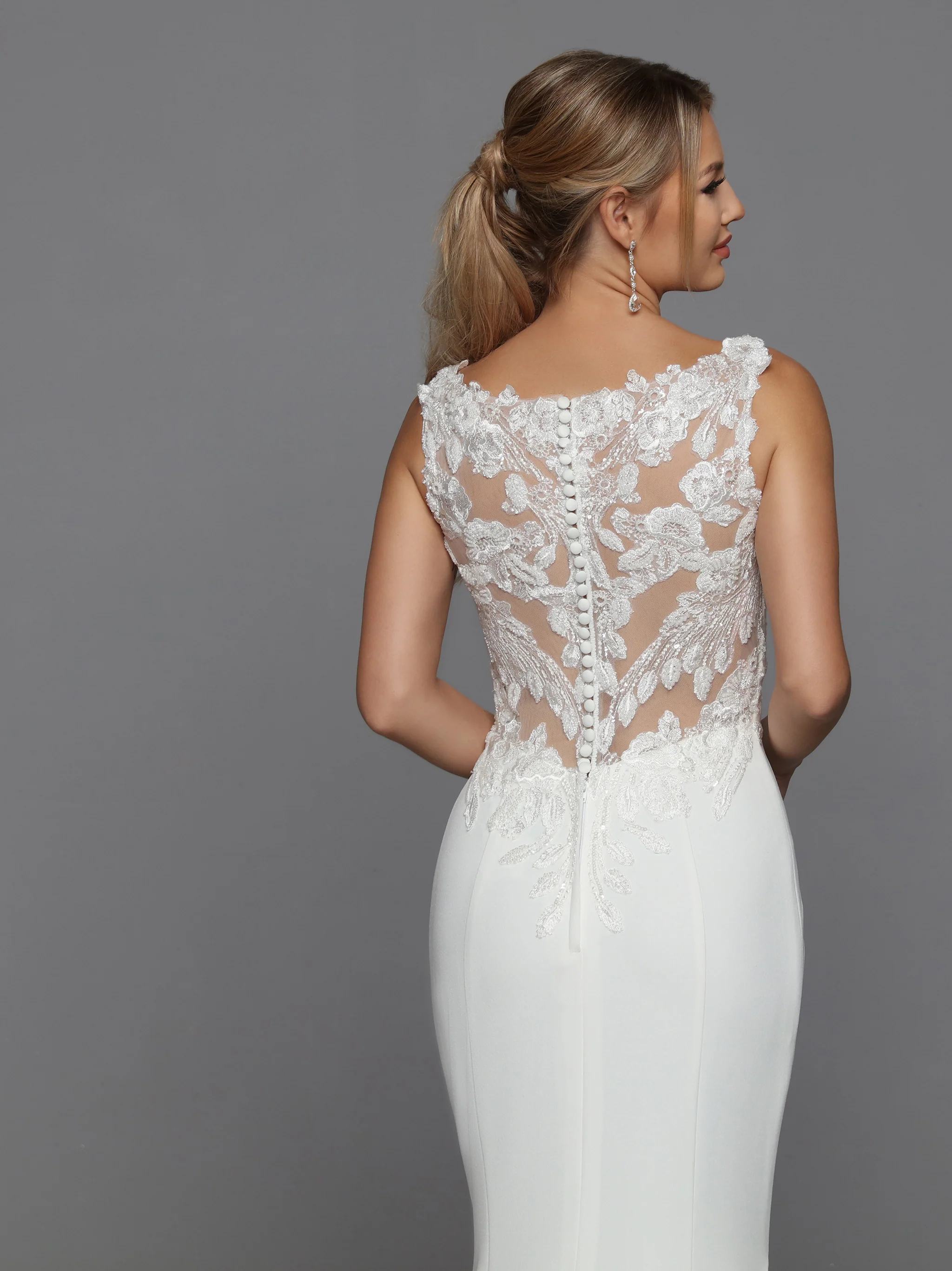 DaVinci Bridal 50776 Fit And Flare V-Neck Sheer Lace Applique Back Bodice Sleeves Train Wedding Gown - Image 4