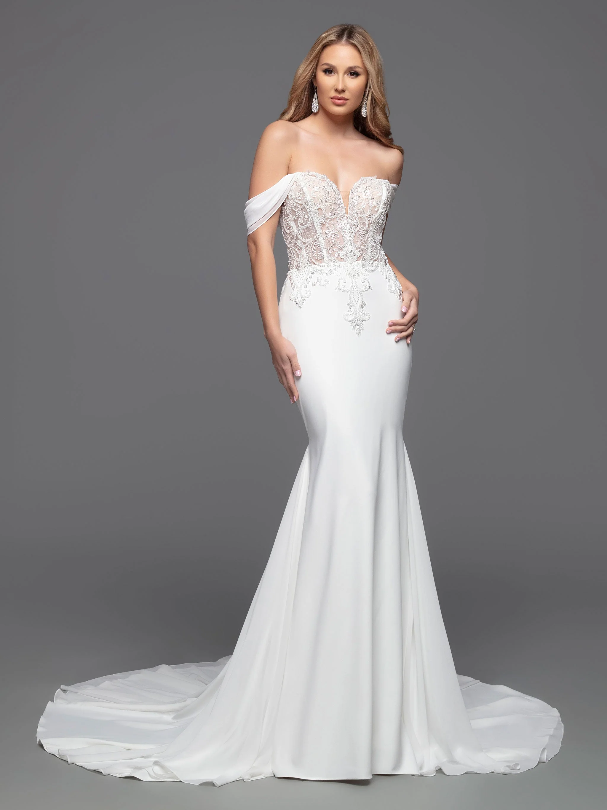Davinci Bridal 50803 Size 12 Ivory Sheer Beaded Bodice off the shoulder wedding dress train Corset - Image 3