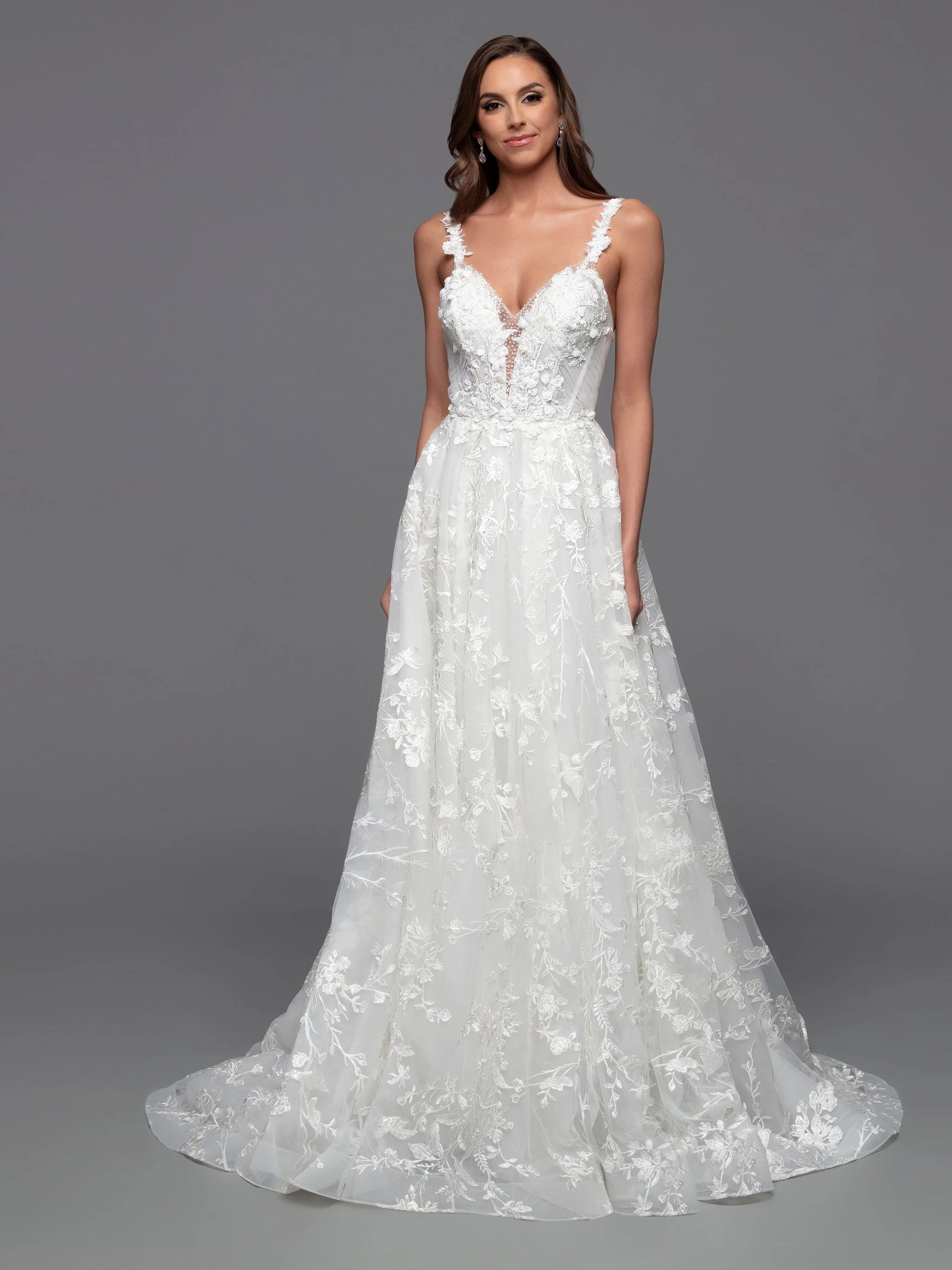 Davinci Bridal 50806 Size 14 Ivory A Line Lace Cape Wedding Dress Sheer Crystal Plunging neckline - Image 4