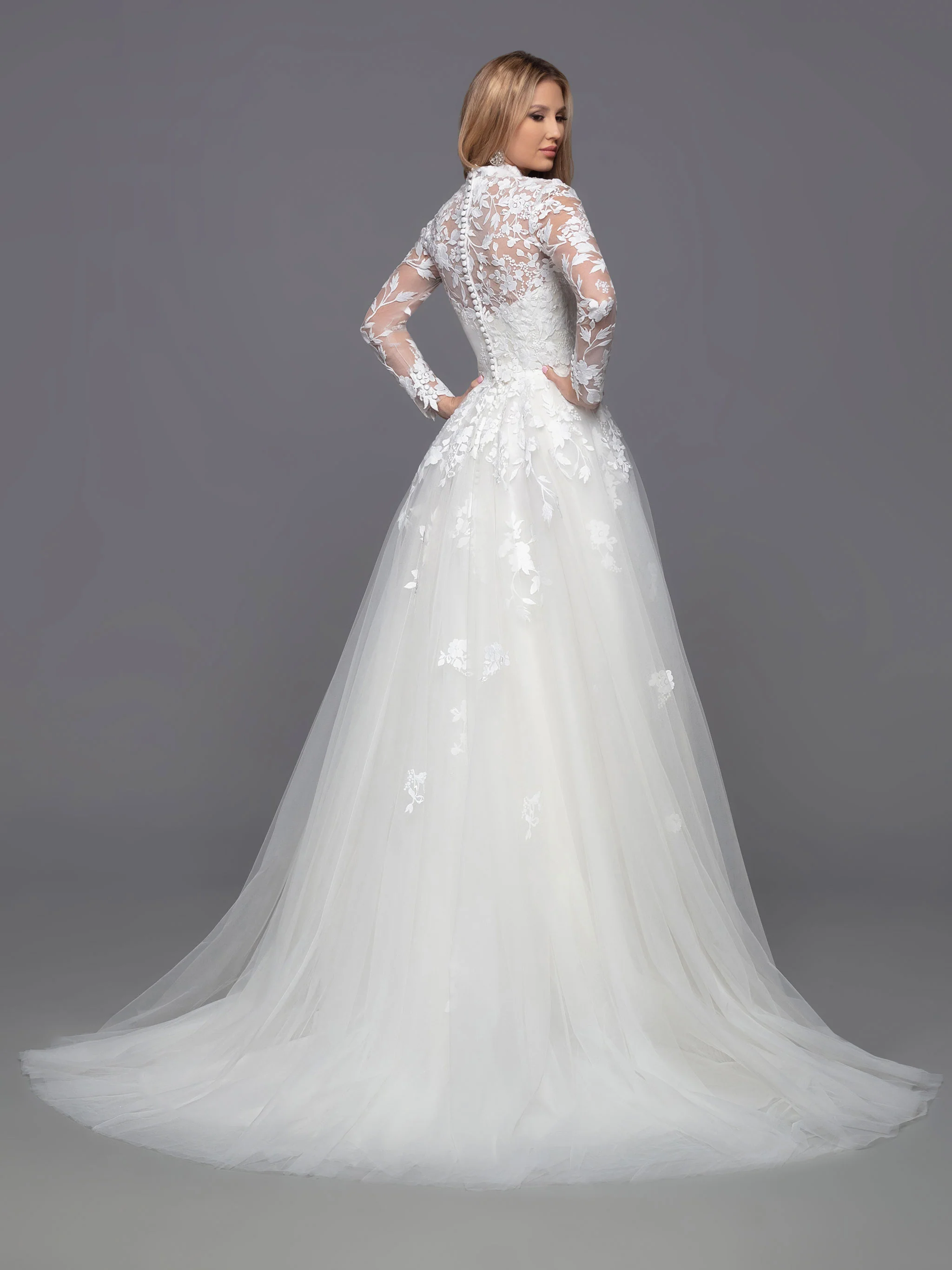 Davinci Bridal 50813 Long A Line Tulle Ballgown Wedding Dress Detachable Lace Long Sleeve High Neck - Image 5