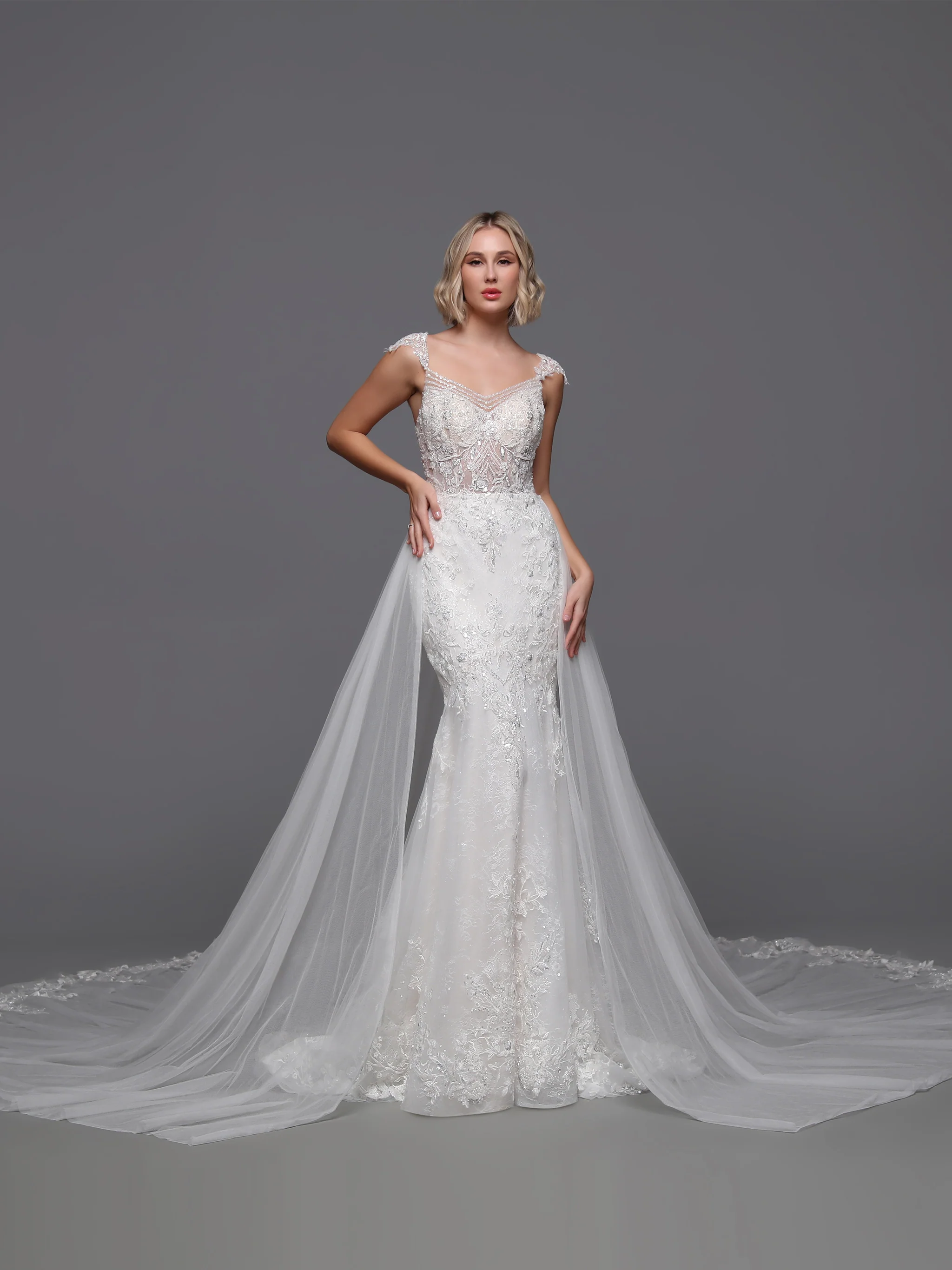 Davinci Bridal 50875 Size 4, 10 Ivory Sequin Lace Wedding Dress Overskirt Bridal Gown Backless Cap Sleeve
