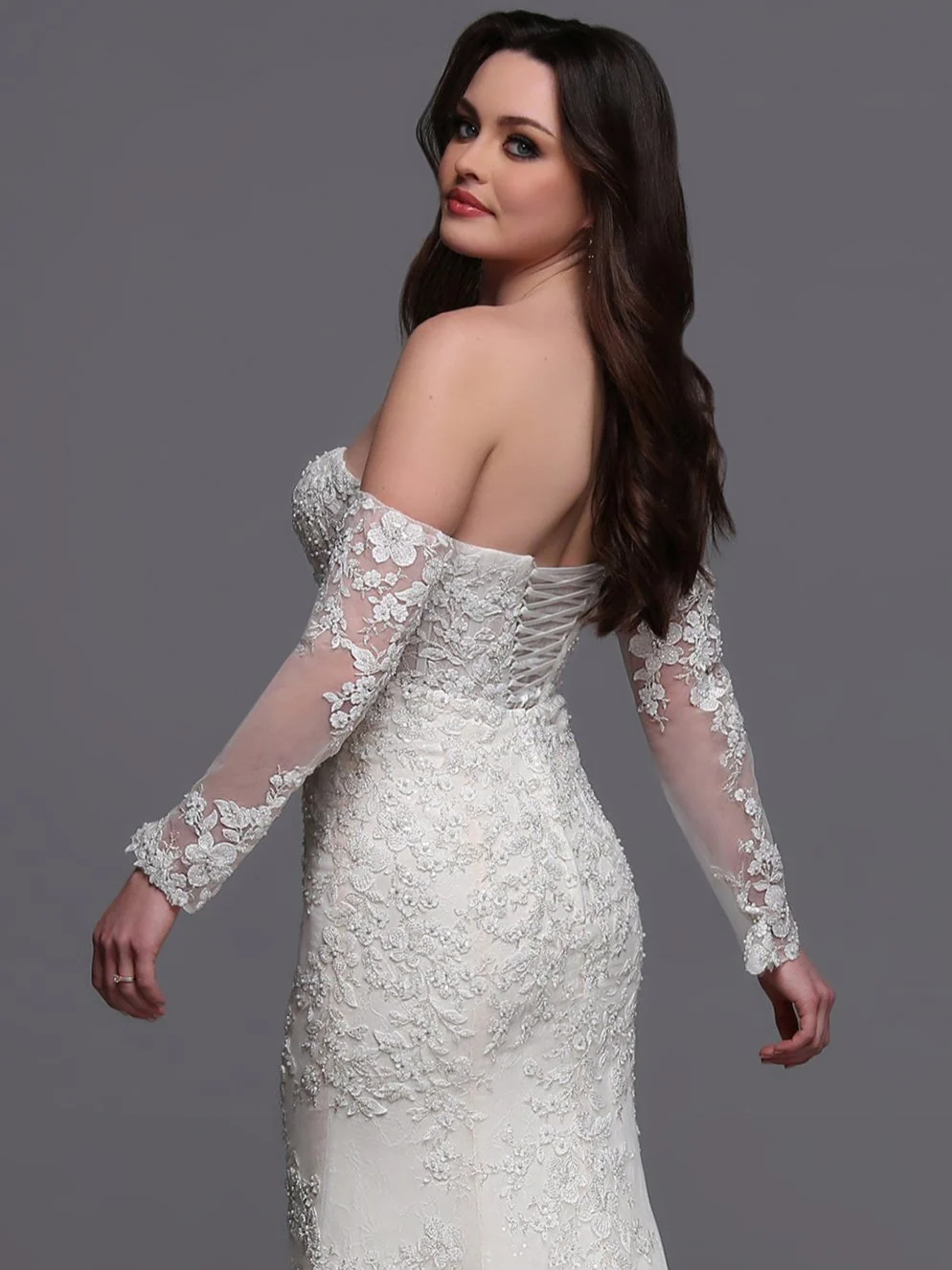 Davinci Bridal 50881 Size 14 Ivory/Nude Beaded Lace Wedding Dress long sleeve Corset Bridal Gown Train Mermaid - Image 3