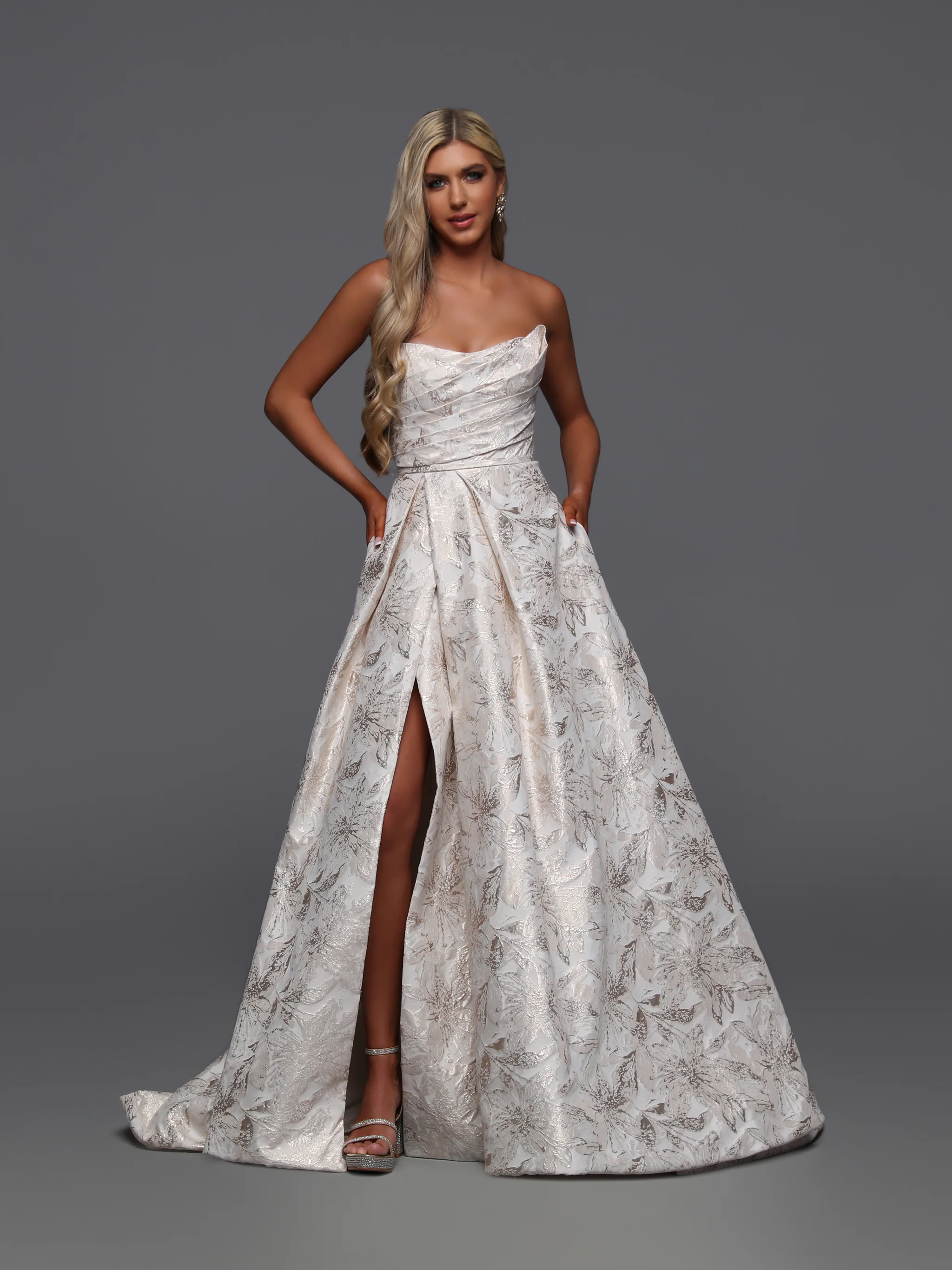 Davinci Bridal 50936 Size 8 Rose Gold Brocade Maxi Slit Wedding Dress Strapless Bridal Gown