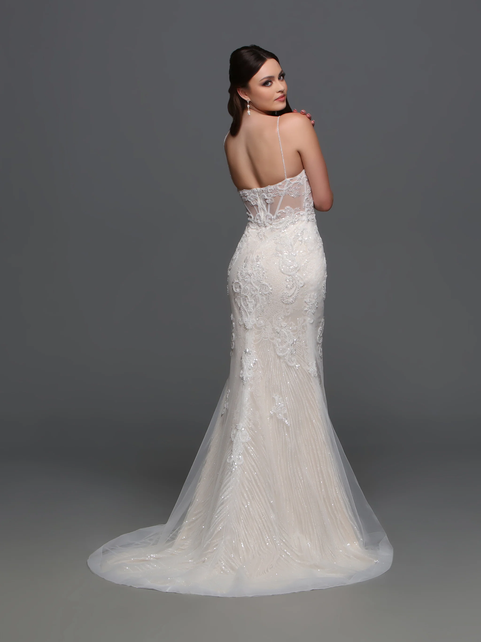 Davinci Bridal F123 Long Beaded Sheer Wedding Dress Mermaid Bridal Gown V Neck Shimmer - Image 2