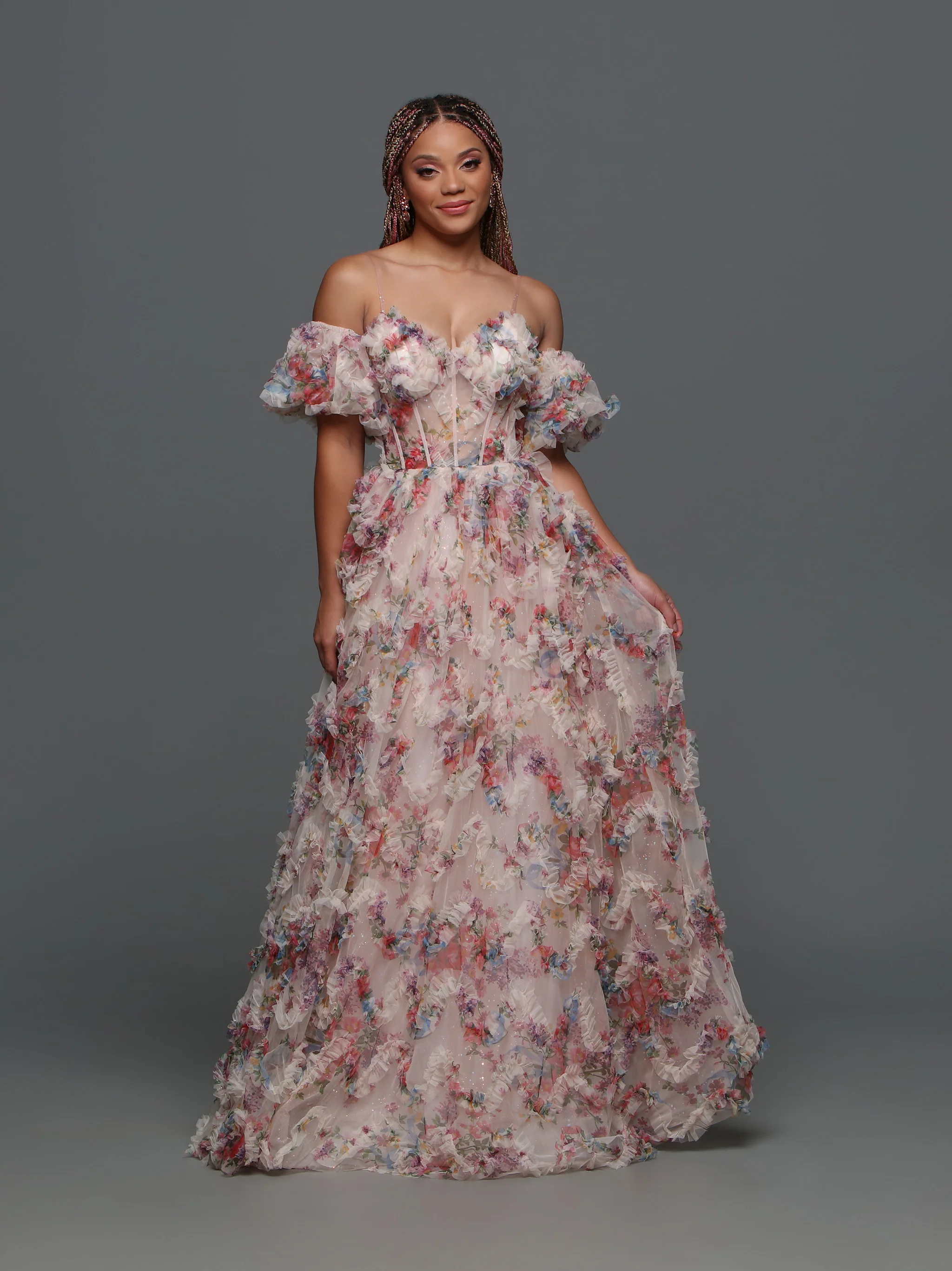 Davinci F145 Floral Print Puff Sleeve A Line Sheer Prom Dress Corset Shimmer Pleated Gown
