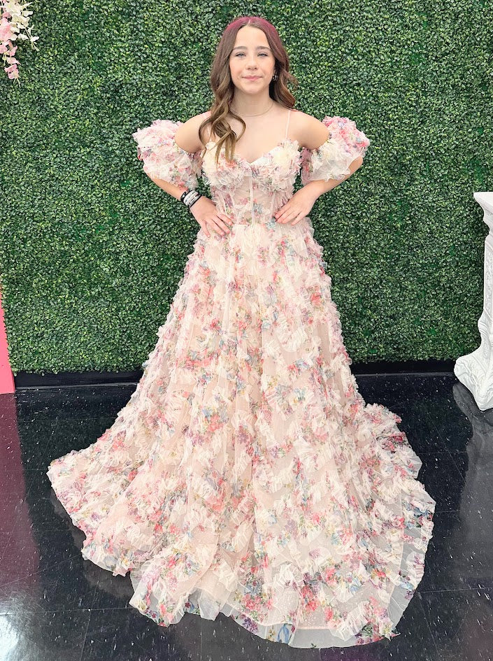 Davinci F145 Floral Print Puff Sleeve A Line Sheer Prom Dress Corset Shimmer Pleated Gown - Image 2