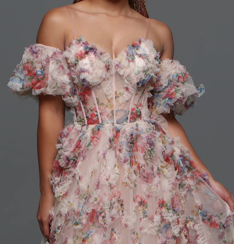 Davinci F145 Floral Print Puff Sleeve A Line Sheer Prom Dress Corset Shimmer Pleated Gown - Image 3