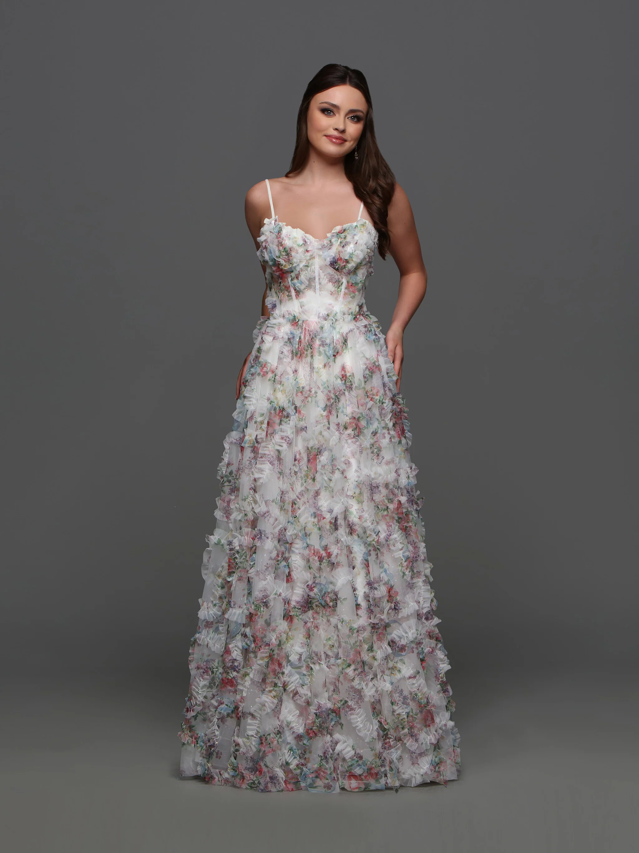 Davinci F145 Floral Print Puff Sleeve A Line Sheer Prom Dress Corset Shimmer Pleated Gown - Image 4