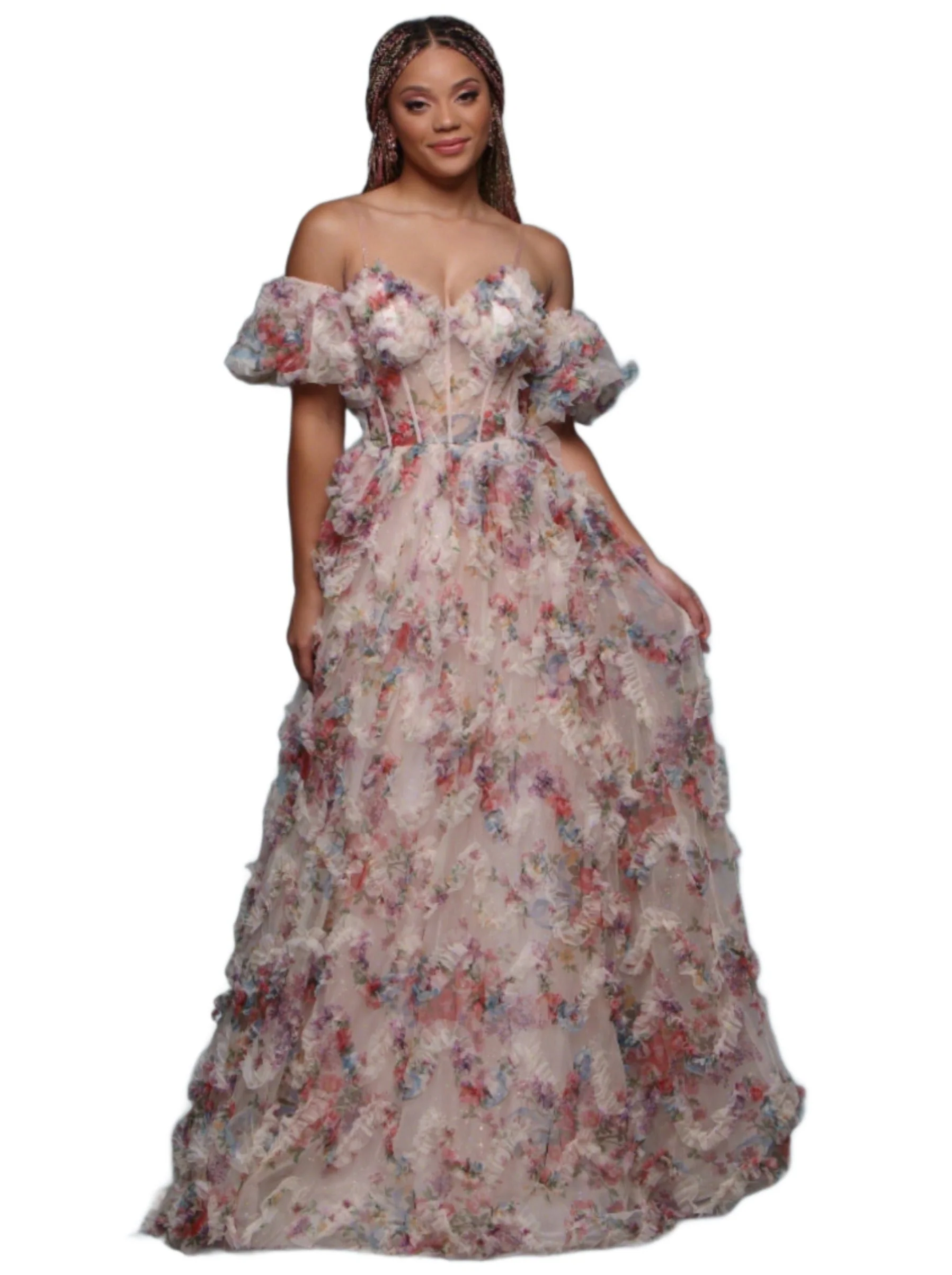 Davinci F145 Floral Print Puff Sleeve A Line Sheer Prom Dress Corset Shimmer Pleated Gown - Image 6