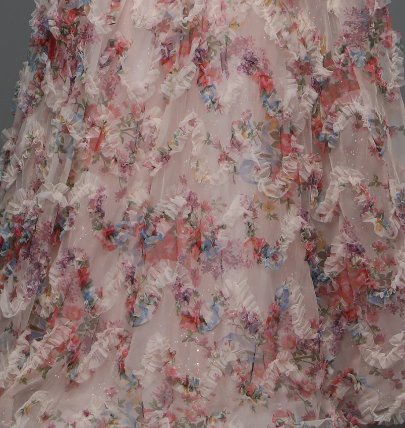 Davinci F145 Floral Print Puff Sleeve A Line Sheer Prom Dress Corset Shimmer Pleated Gown - Image 7