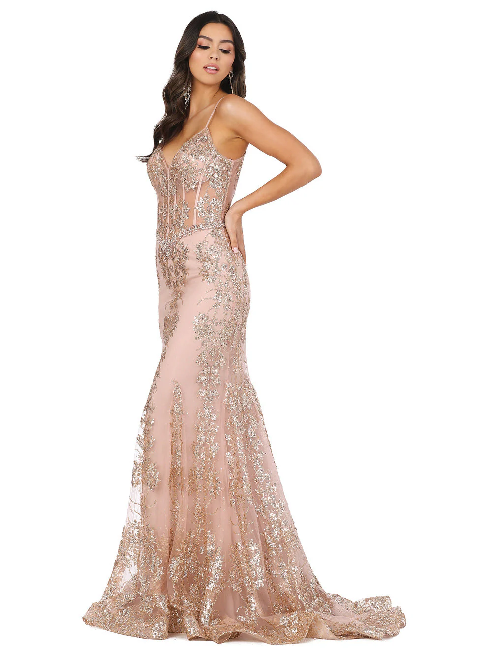 DQ 4118 Size 10 Rose Gold Long Sheer Sequin Mermaid Prom Dress Pageant Gown V Neck Crystal Belt