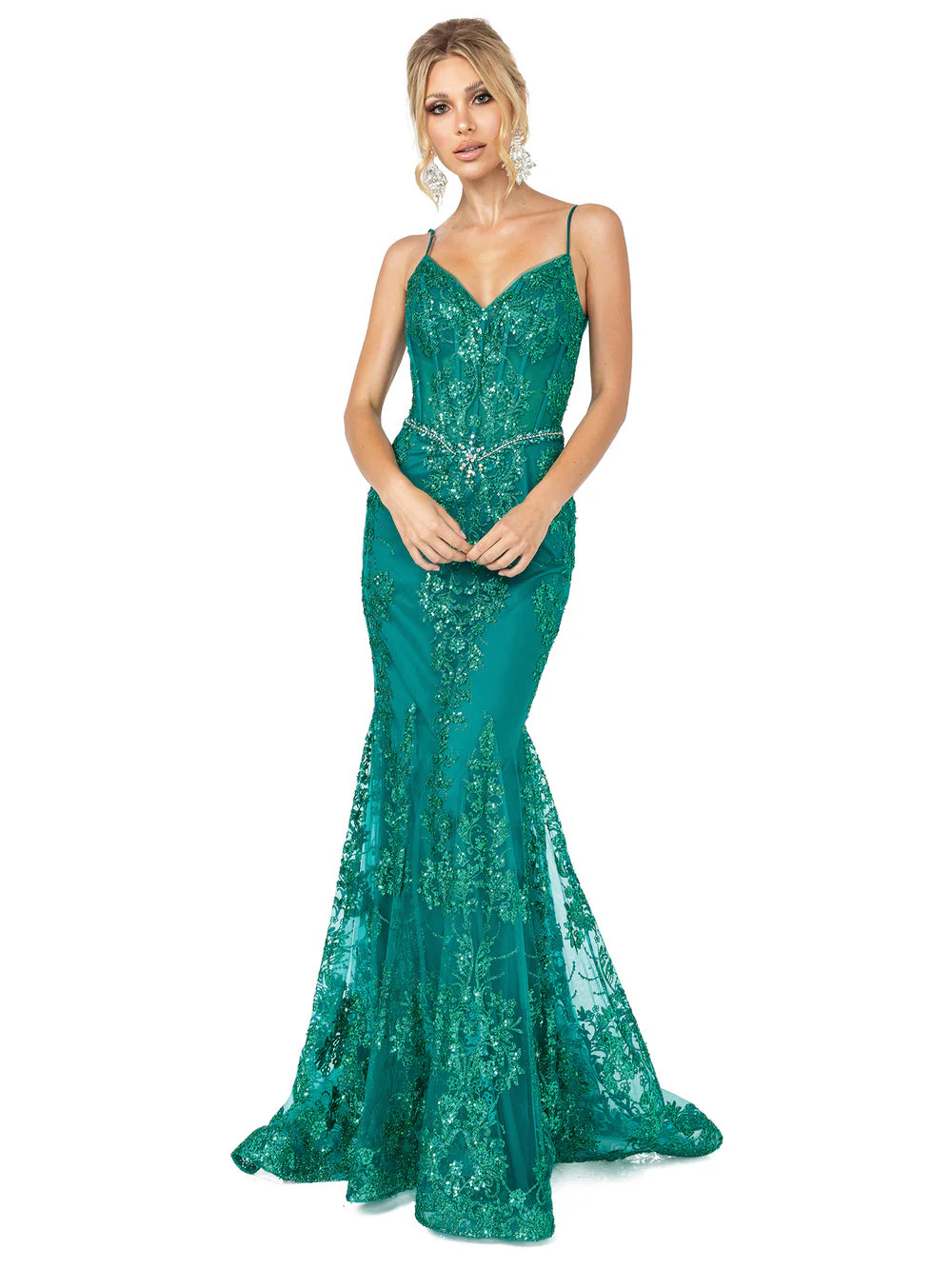 DQ 4118 Size 10 Rose Gold Long Sheer Sequin Mermaid Prom Dress Pageant Gown V Neck Crystal Belt - Image 10