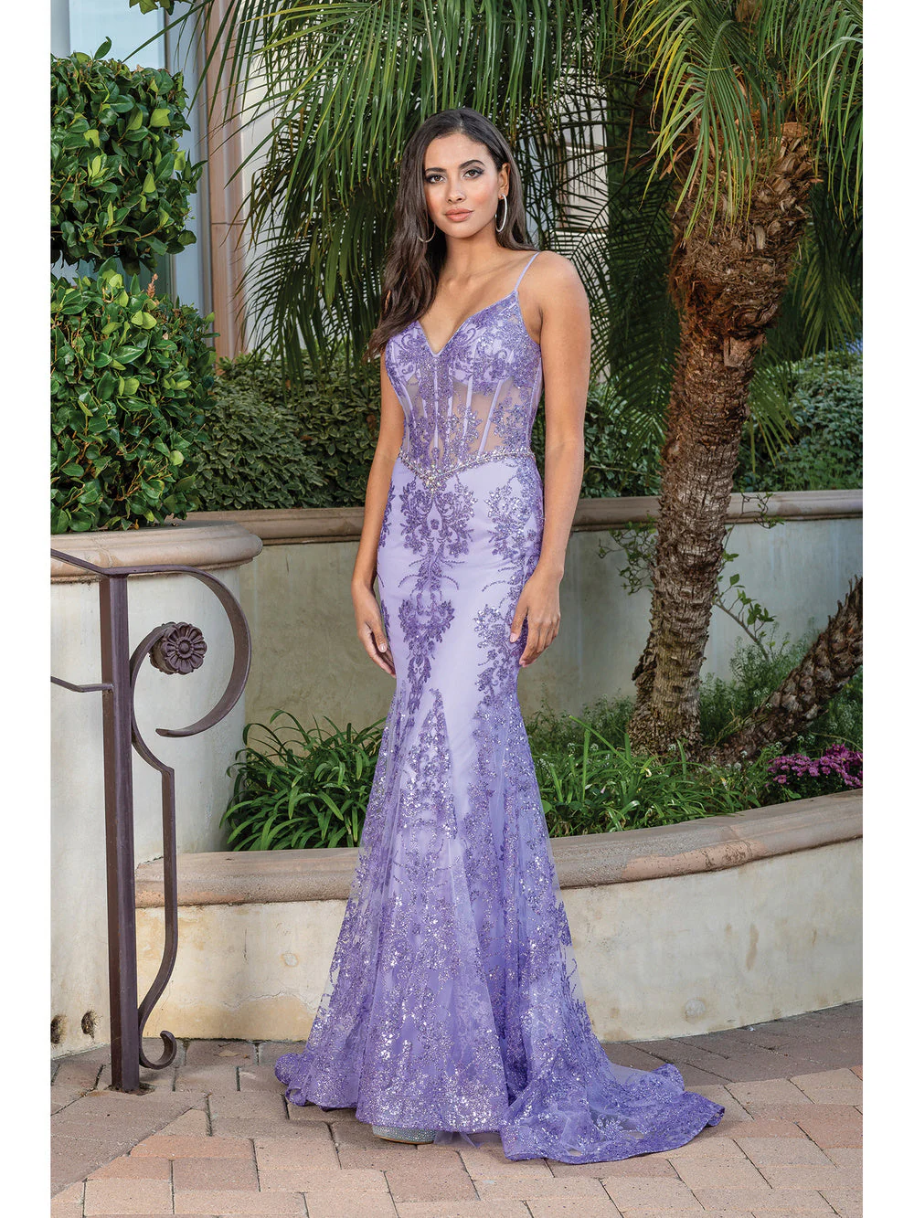 DQ 4118 Size 10 Rose Gold Long Sheer Sequin Mermaid Prom Dress Pageant Gown V Neck Crystal Belt - Image 3