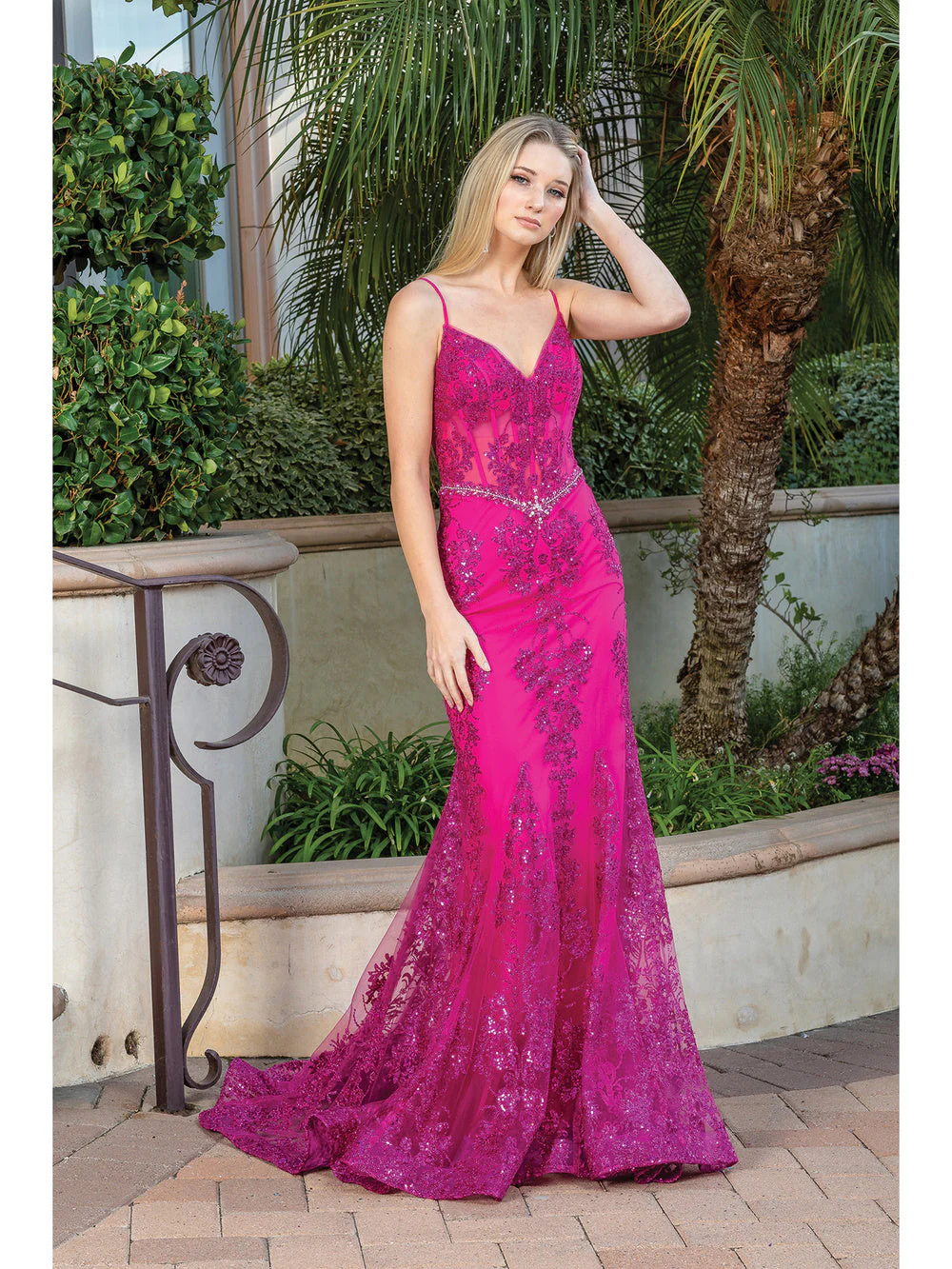 DQ 4118 Size 10 Rose Gold Long Sheer Sequin Mermaid Prom Dress Pageant Gown V Neck Crystal Belt - Image 4