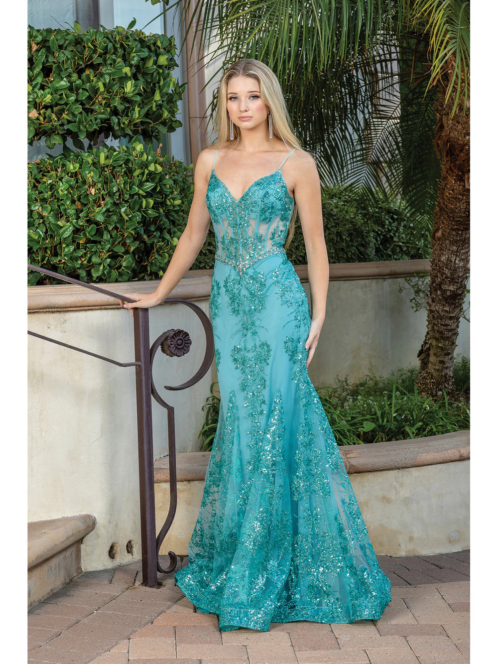 DQ 4118 Size 10 Rose Gold Long Sheer Sequin Mermaid Prom Dress Pageant Gown V Neck Crystal Belt - Image 8