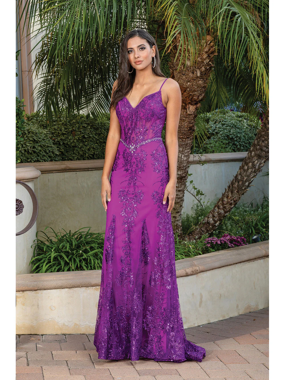 DQ 4118 Size 16 Fuchsia Long Sheer Sequin Mermaid Prom Dress Pageant Gown V Neck Crystal Belt - Image 3