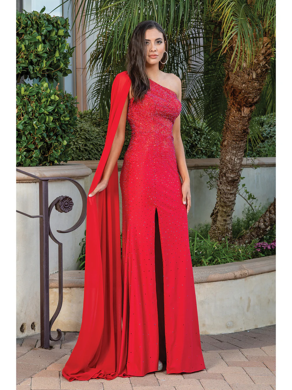 DQ 4284 Long Fitted Jersey One Shoulder Prom Dress Pageant Gown Cape Slit Crystal - Image 2