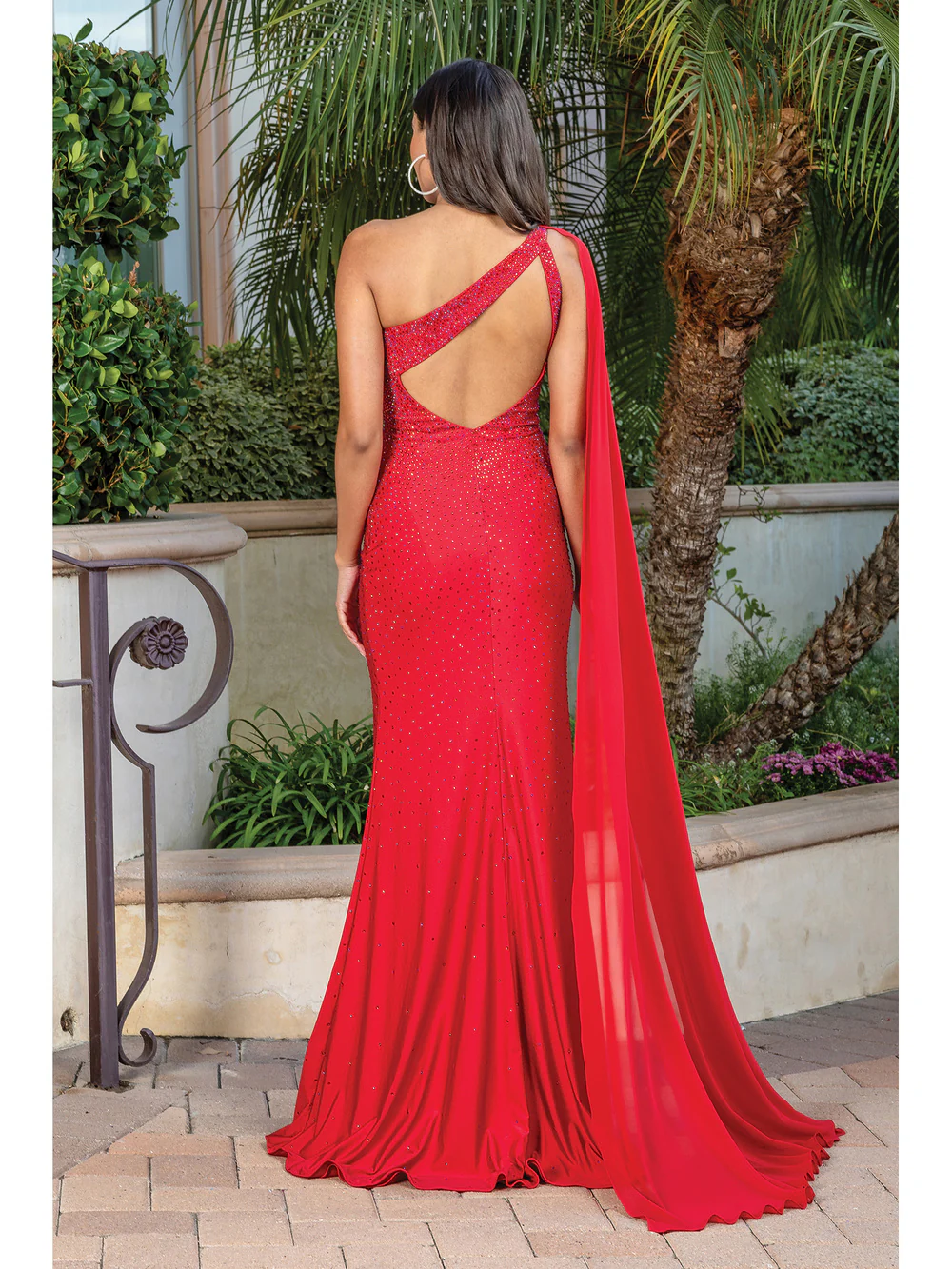 DQ 4284 Long Fitted Jersey One Shoulder Prom Dress Pageant Gown Cape Slit Crystal - Image 3