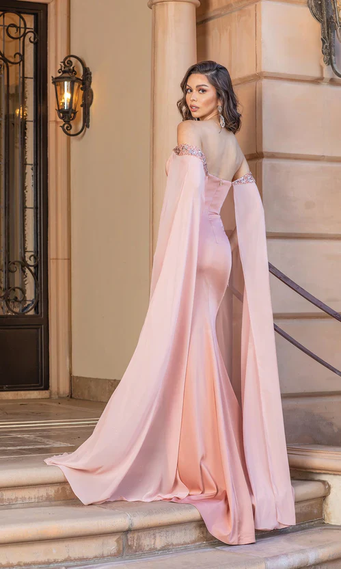 DQ 4306 Long Fitted Maxi Slit Off the shoulder Cape Prom Dress Pageant Gown Rhinestone - Image 6