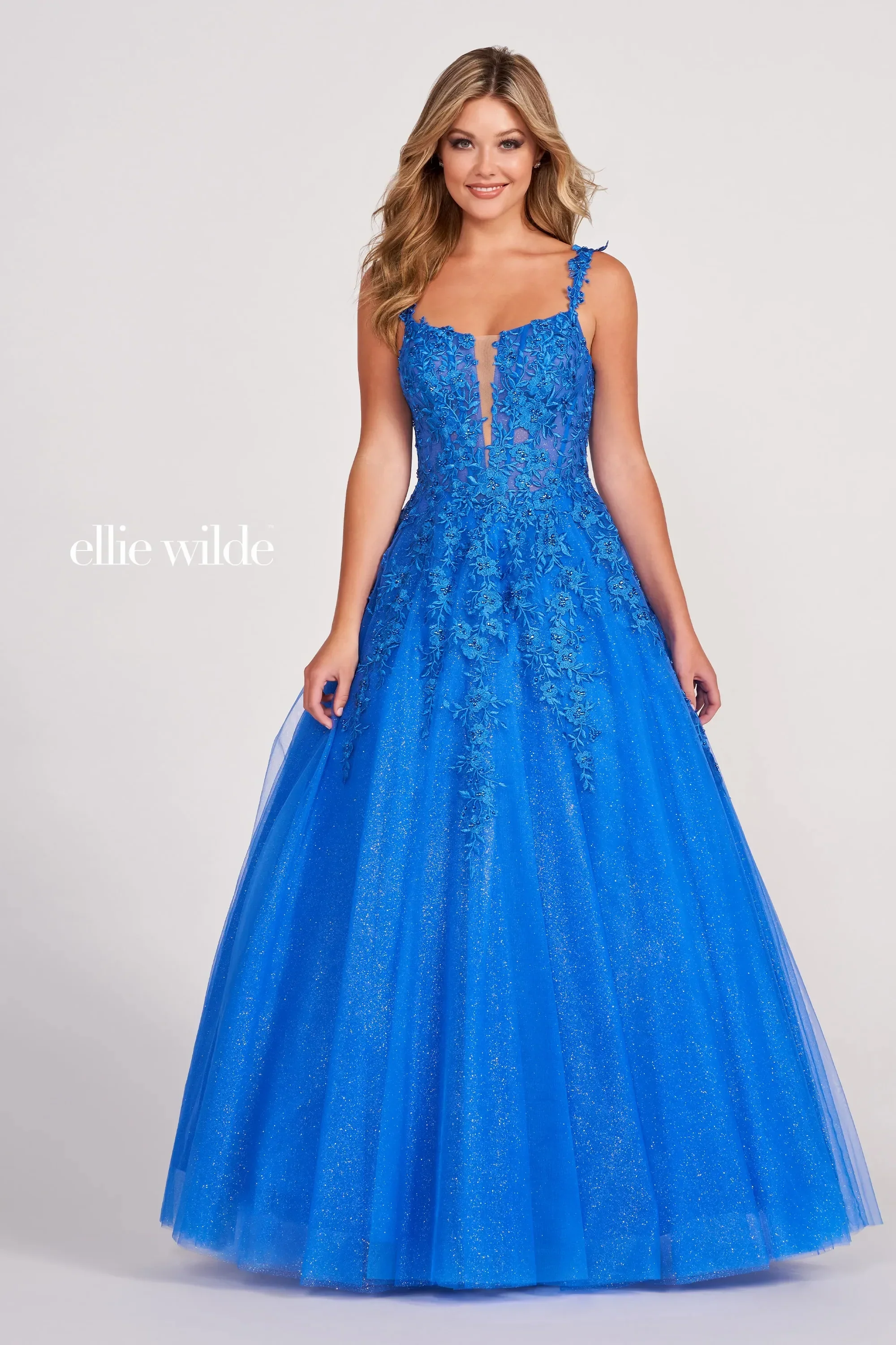 Ellie Wilde EW120014 Long Sheer Lace Shimmer Ballgown Prom Dress V Neck Formal Gown - Image 10