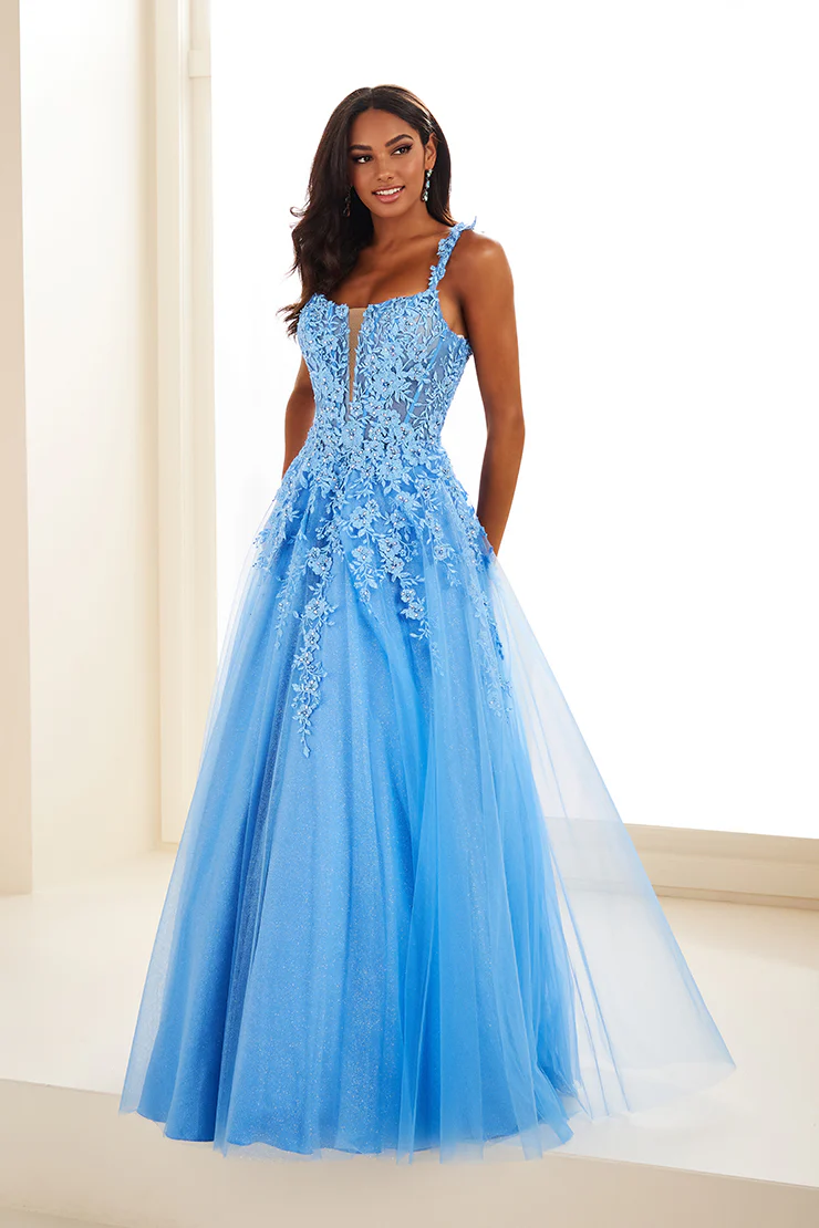 Ellie Wilde EW120014 Long Sheer Lace Shimmer Ballgown Prom Dress V Neck Formal Gown - Image 3