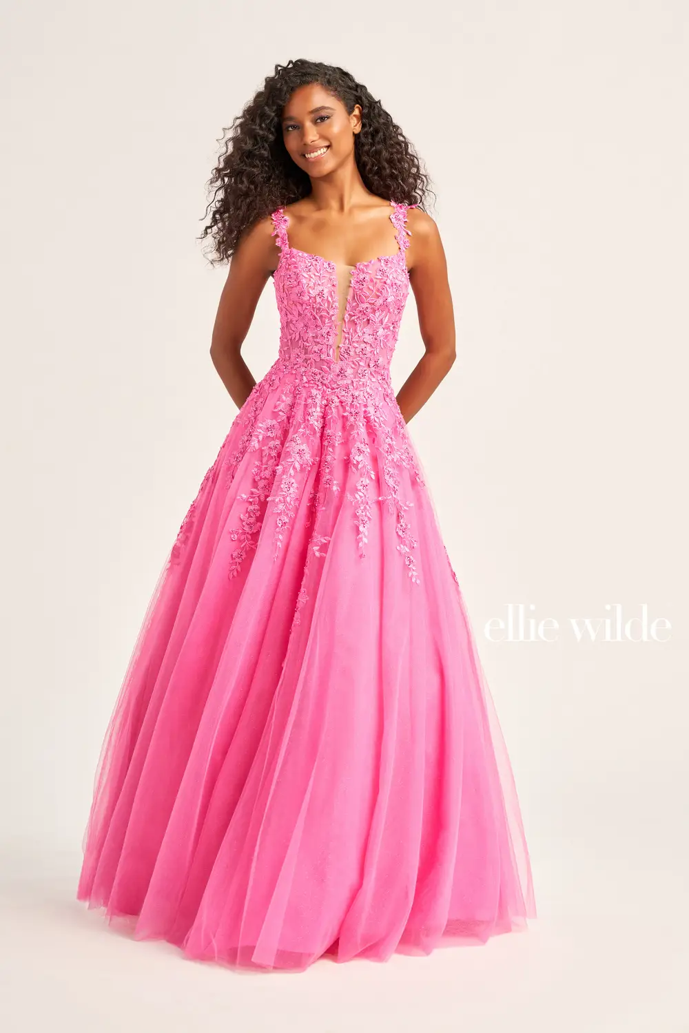 Ellie Wilde EW120014 Long Sheer Lace Shimmer Ballgown Prom Dress V Neck Formal Gown - Image 6