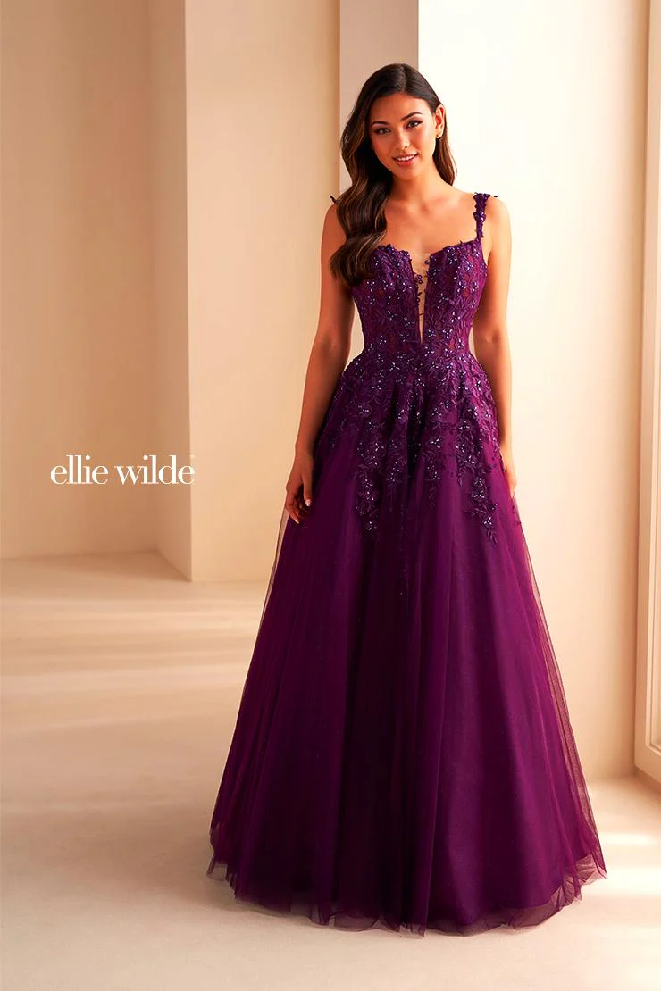 Ellie Wilde EW120014 Long Sheer Lace Shimmer Ballgown Prom Dress V Neck Formal Gown - Image 7
