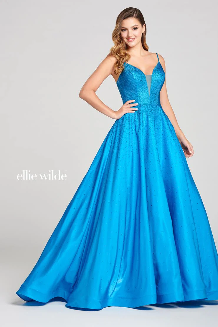 Ellie Wilde EW121005 Size 8 Turquoise Prom Dress Crystal Covered Shimmer Satin Ballgown Corset V Neck