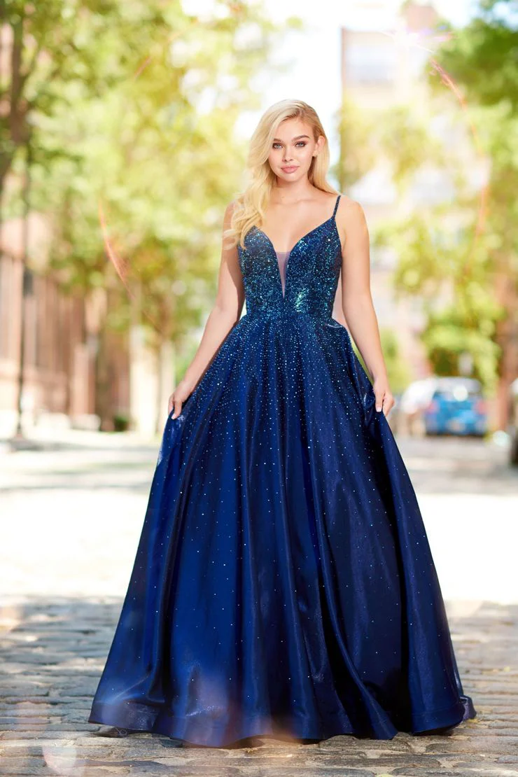Ellie Wilde EW121005 Size 8 Turquoise Prom Dress Crystal Covered Shimmer Satin Ballgown Corset V Neck - Image 2