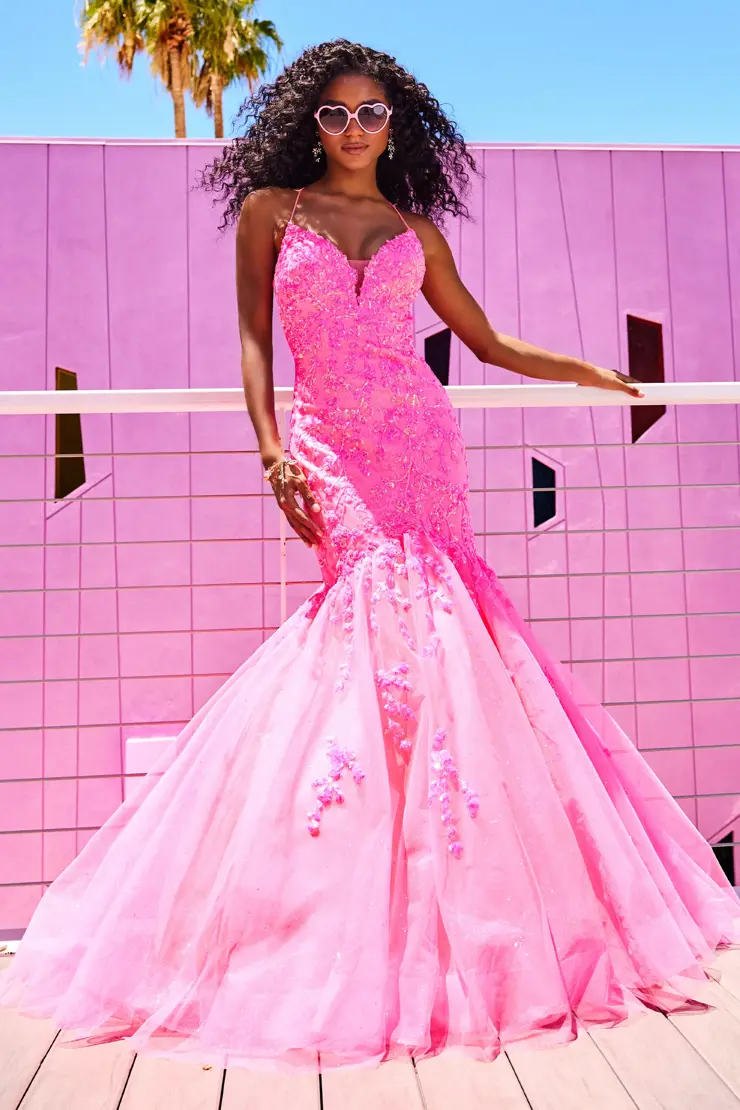 Ellie Wilde EW34011 Size 8 Hot Pink Prom Dress Sequin Backless Corset Mermaid Shimmer Formal Gown V Neck - Image 4