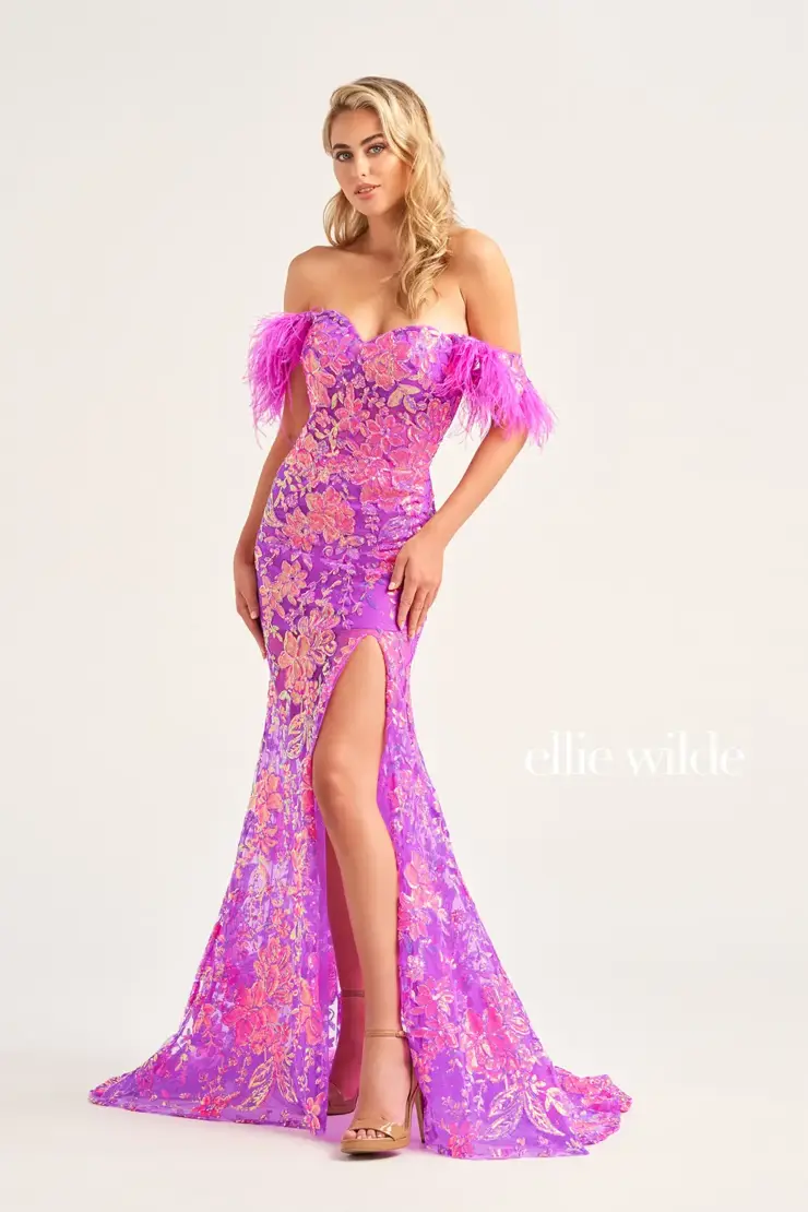 Ellie Wilde EW34034 Size 12 Sapphire Prom Dress Long Sheer Sequin Feather off the shoulder slit dress corset gown - Image 2