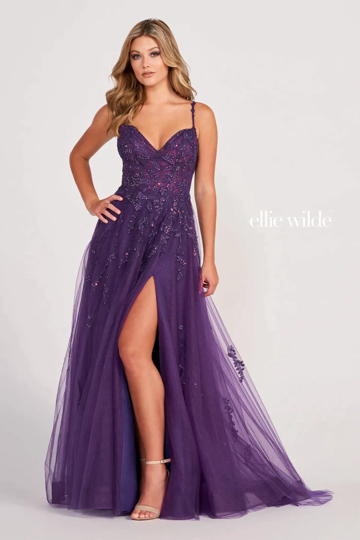 Ellie Wilde EW34116 Size 24 Purple Sheer Lace Shimmer A line Prom Dress Maxi Slit Formal Gown