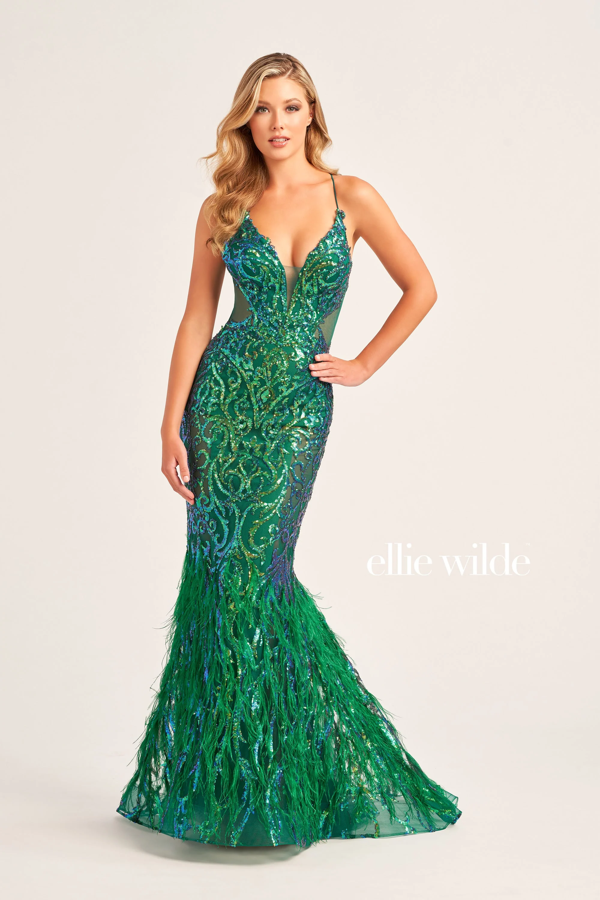 Ellie Wilde EW35006 Size 2 Iris Sheer Sequin Prom Dress Backless Gown Feather Skirt Formal Gown - Image 3