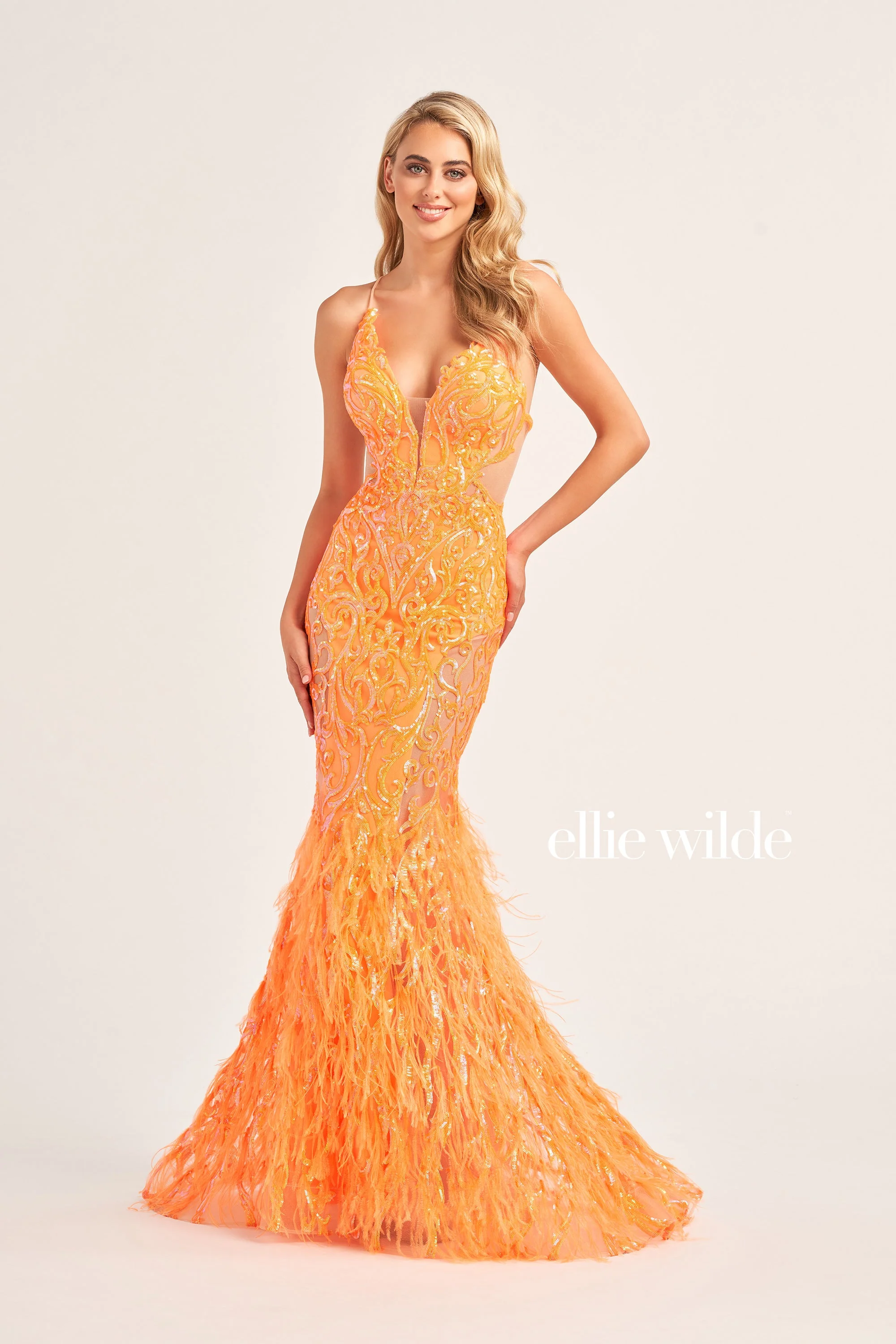 Ellie Wilde EW35006 Size 2 Iris Sheer Sequin Prom Dress Backless Gown Feather Skirt Formal Gown - Image 4