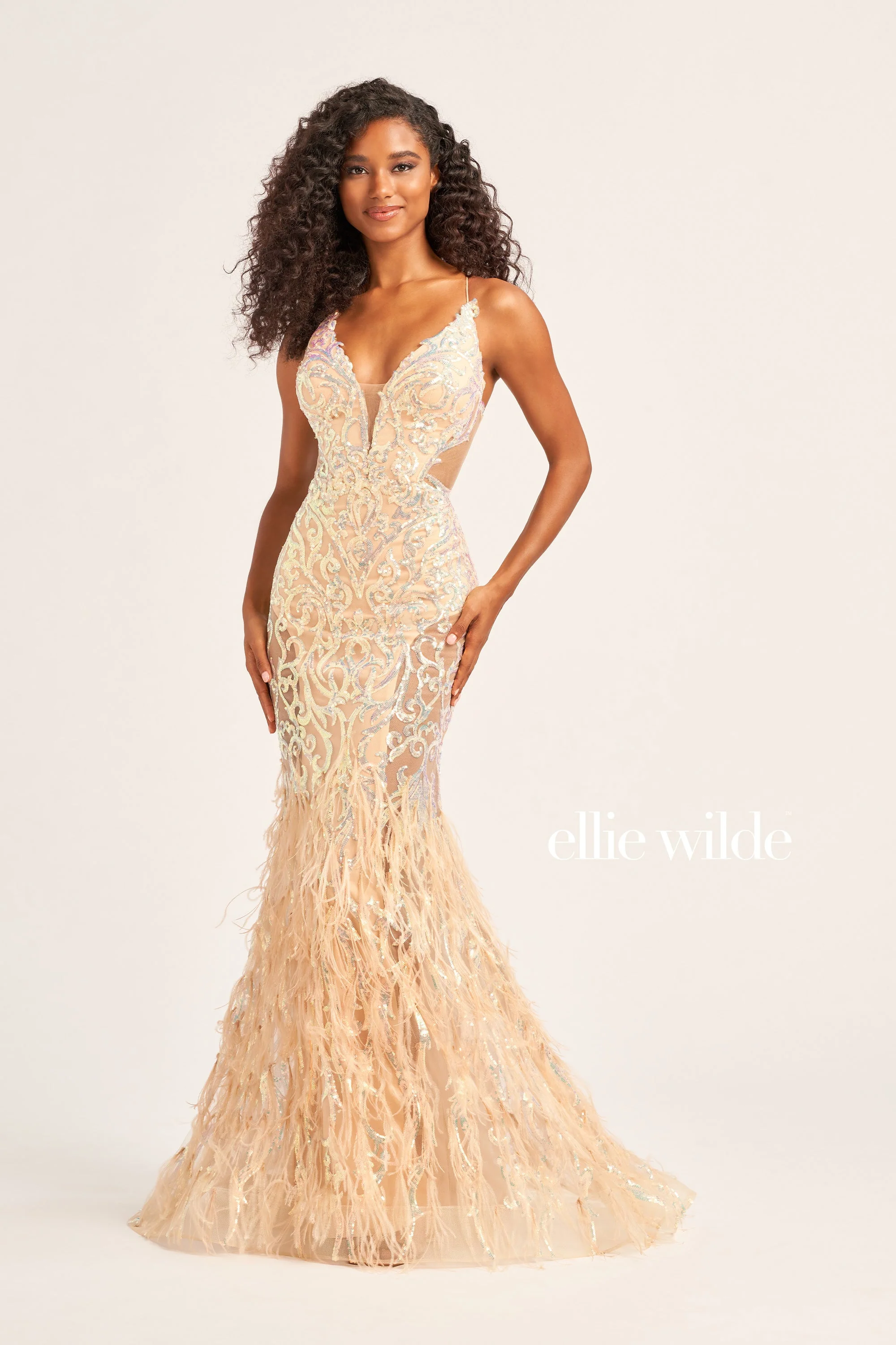 Ellie Wilde EW35006 Size 2 Iris Sheer Sequin Prom Dress Backless Gown Feather Skirt Formal Gown - Image 5