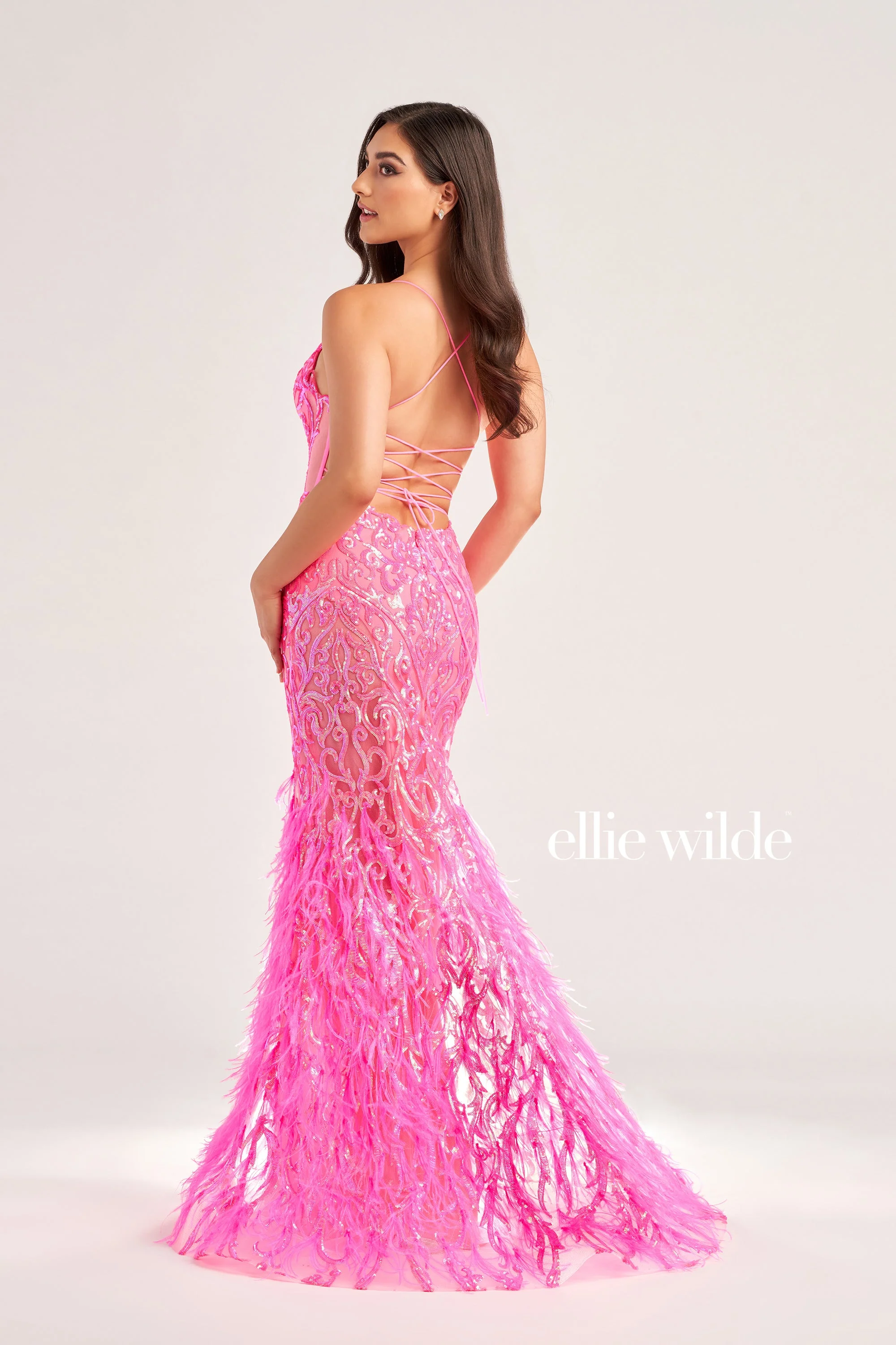 Ellie Wilde EW35006 Size 2 Iris Sheer Sequin Prom Dress Backless Gown Feather Skirt Formal Gown - Image 6