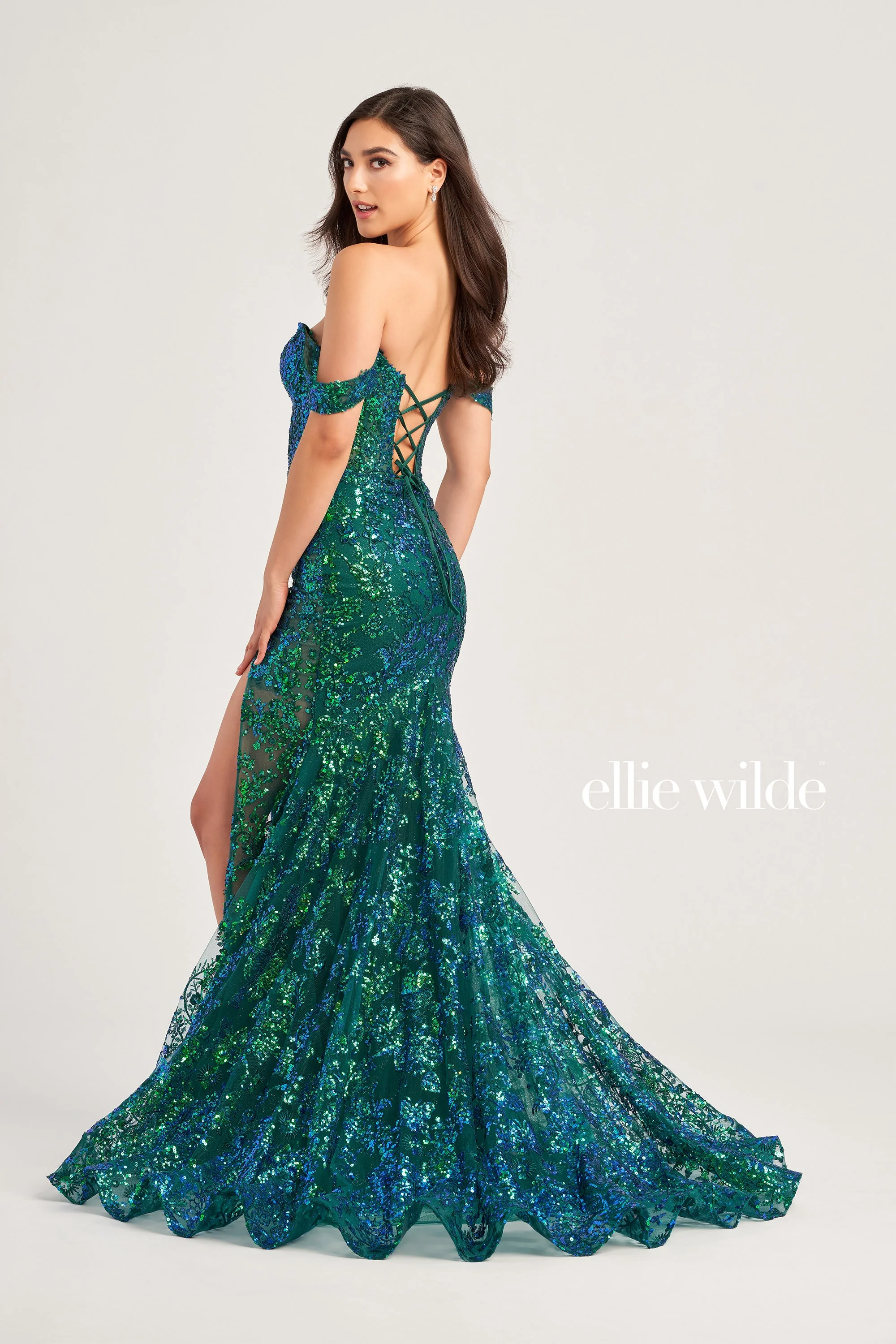 Ellie Wilde EW35014 Size 8 Emerald Sheer Sequin Slit off the shoulder Prom Dress Corset Formal Train - Image 2