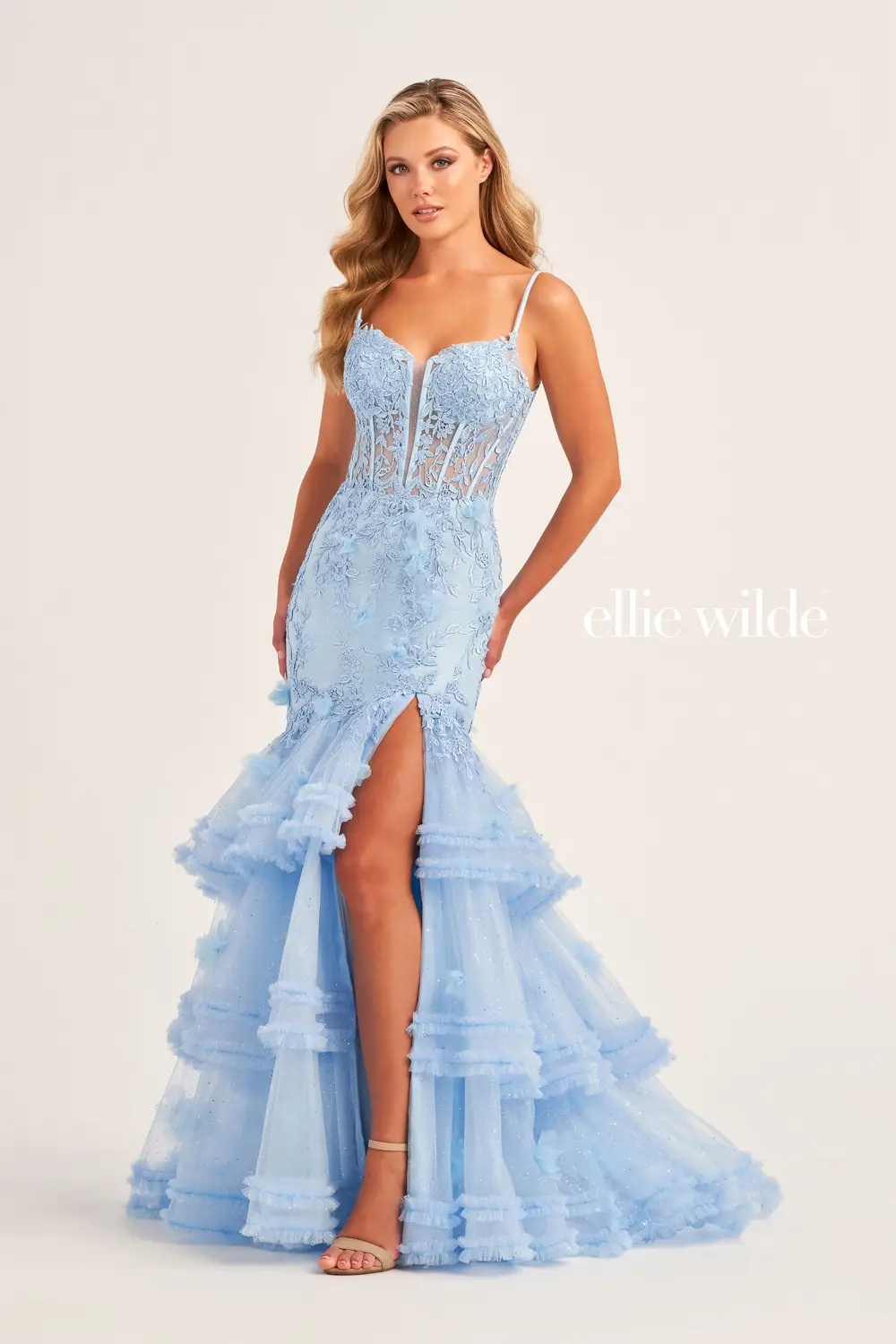 Ellie Wilde EW35050 Sheer Lace Corset Pleated Mermaid Prom Dress Ruffle Layer Shimmer Slit Formal Gown - Image 2