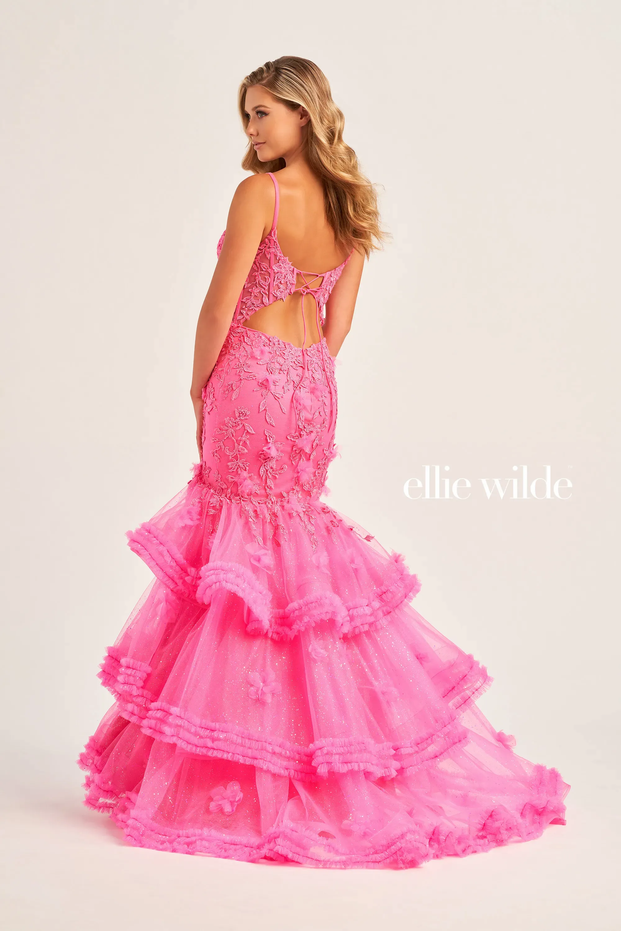 Ellie Wilde EW35050 Sheer Lace Corset Pleated Mermaid Prom Dress Ruffle Layer Shimmer Slit Formal Gown - Image 3