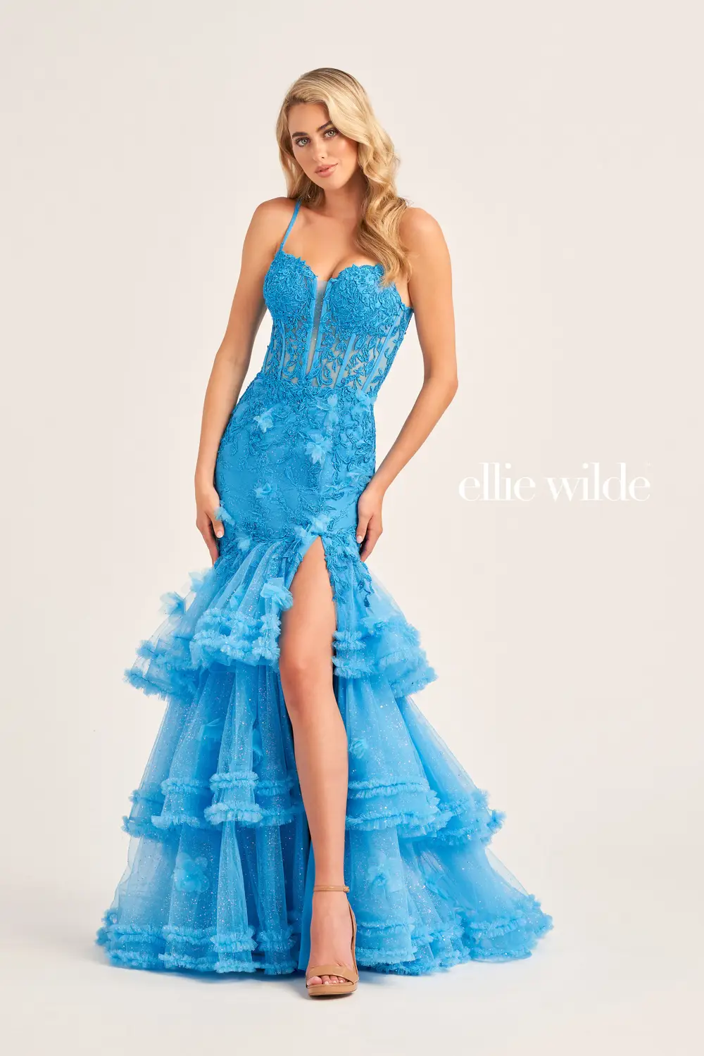 Ellie Wilde EW35050 Sheer Lace Corset Pleated Mermaid Prom Dress Ruffle Layer Shimmer Slit Formal Gown - Image 4