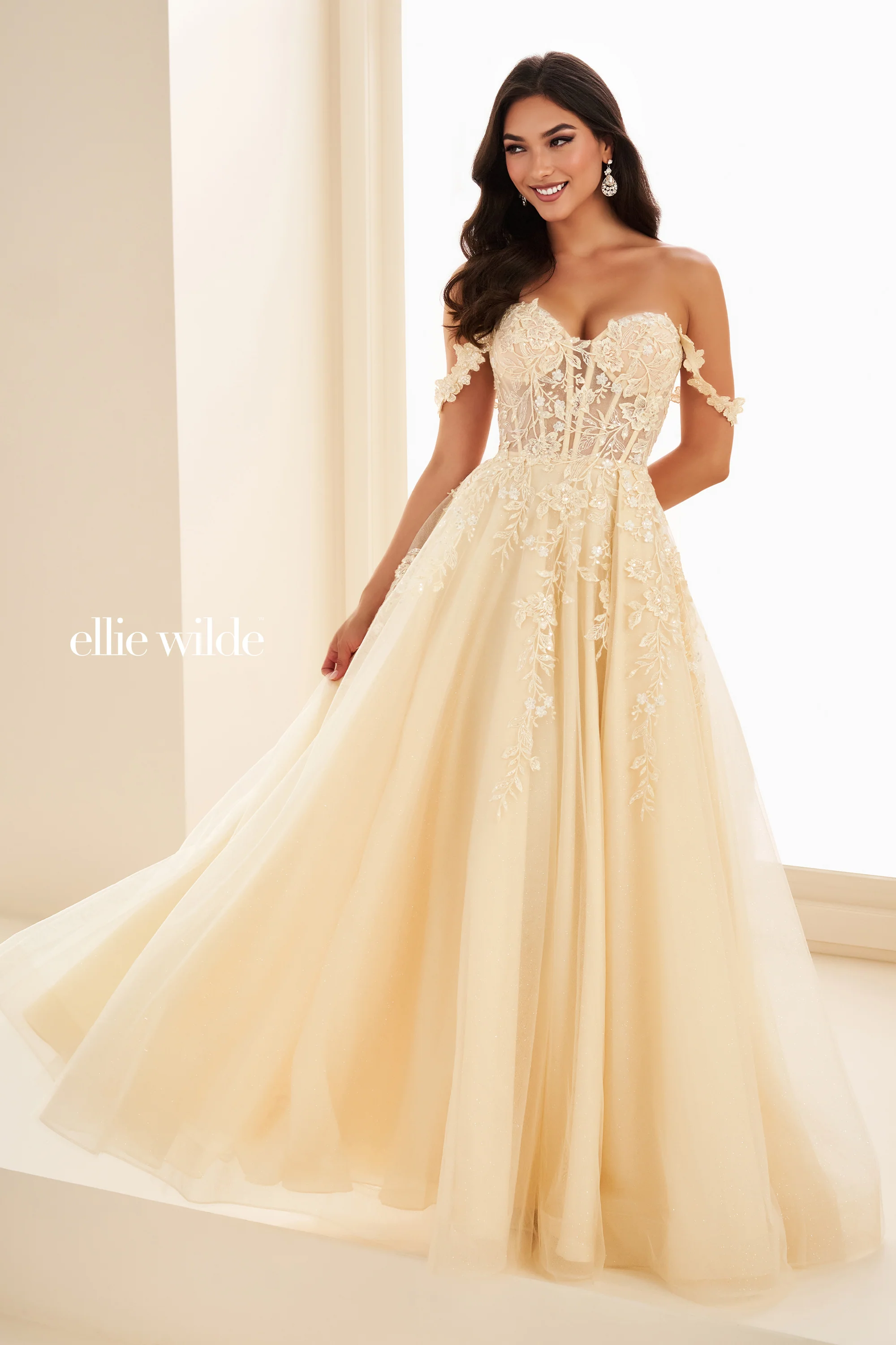 Ellie Wilde EW35101 Sheer Lace Corset Prom Dress Maxi Slit Shimmer Pageant Gown - Image 2