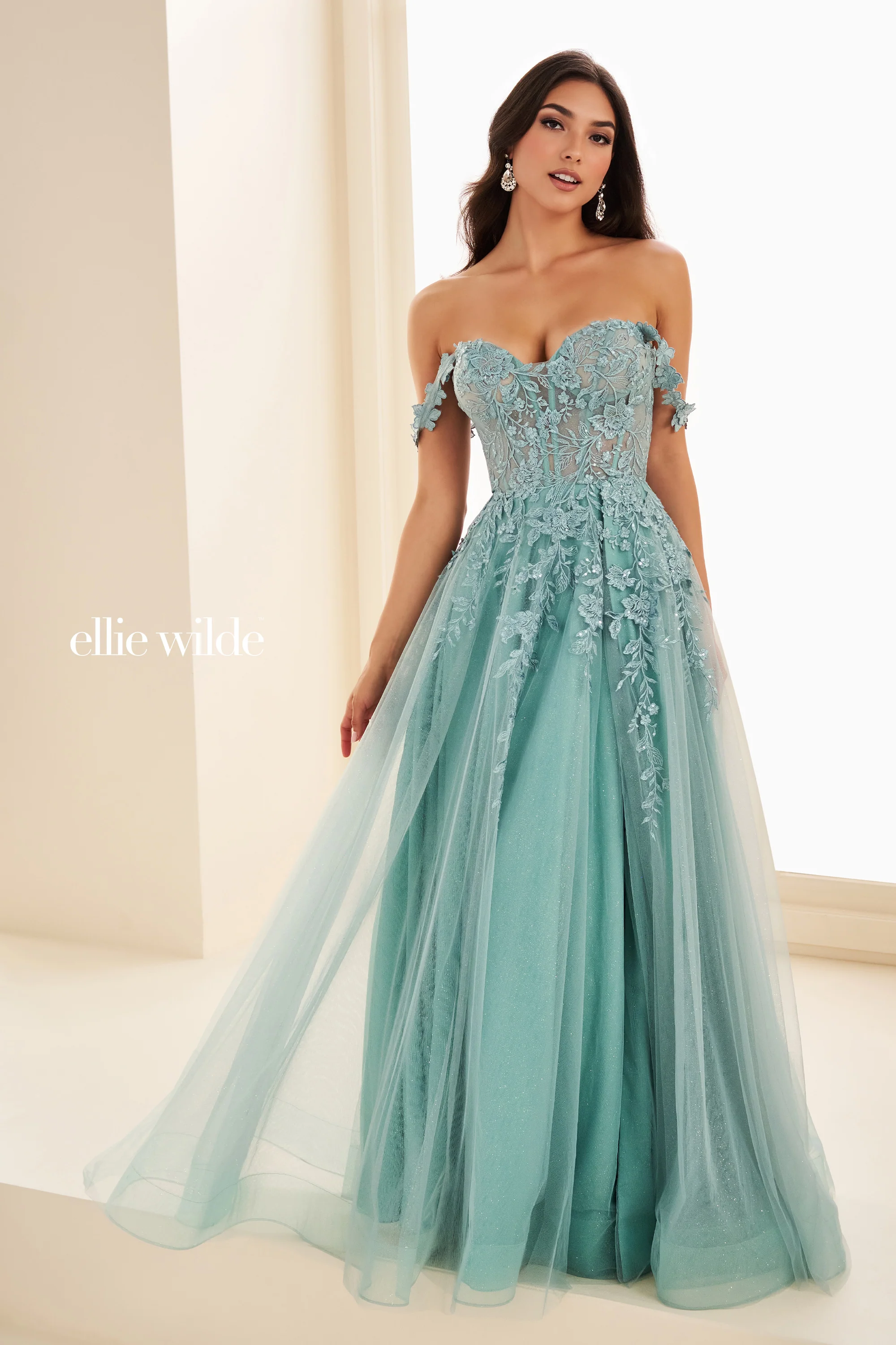 Ellie Wilde EW35101 Sheer Lace Corset Prom Dress Maxi Slit Shimmer Pageant Gown - Image 3