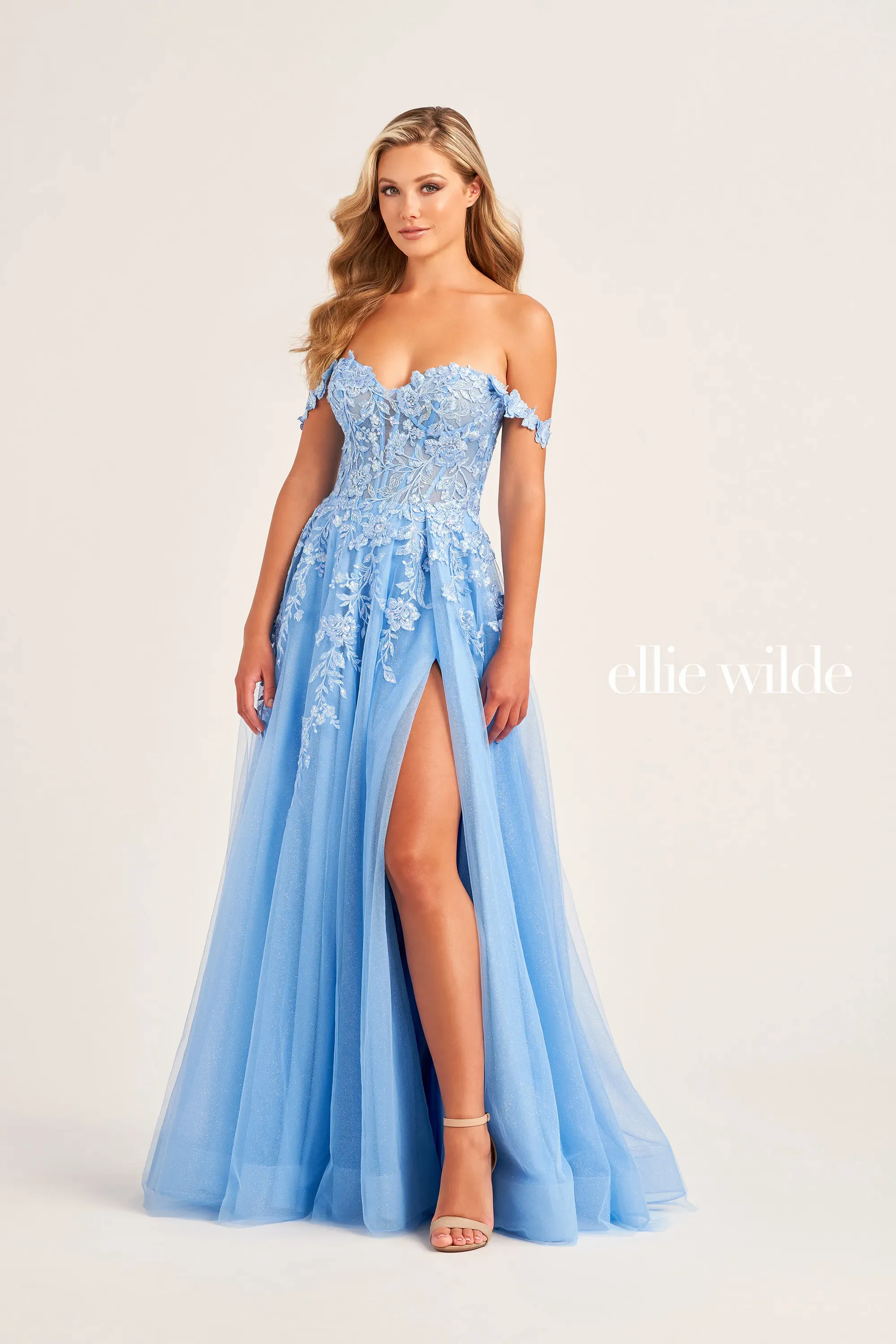 Ellie Wilde EW35101 Sheer Lace Corset Prom Dress Maxi Slit Shimmer Pageant Gown - Image 5