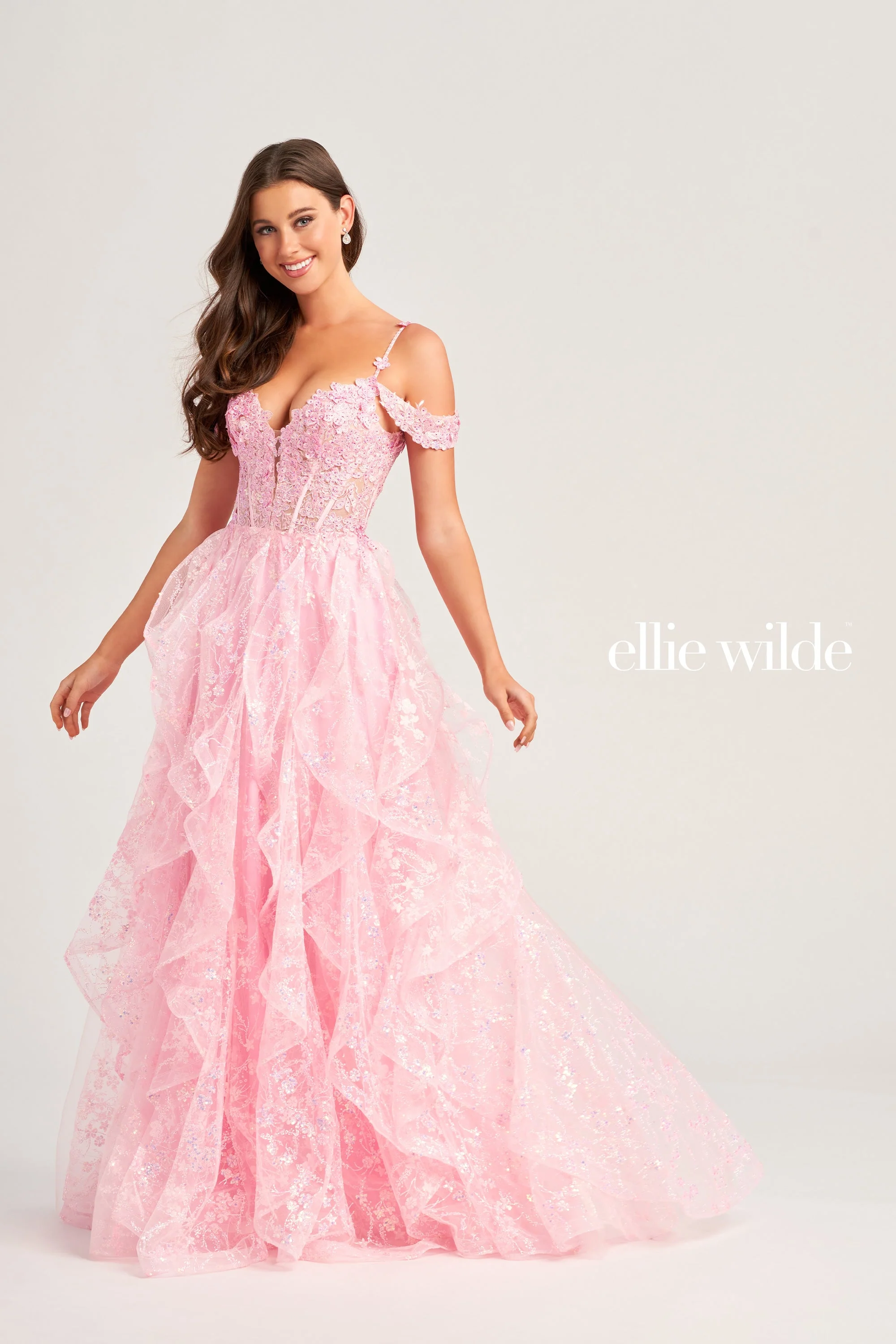 Ellie Wilde EW35218 Size 10 White Long Dress Sheer corset Sequin Ruffle Ballgown Prom Dress off the Shoulder - Image 2