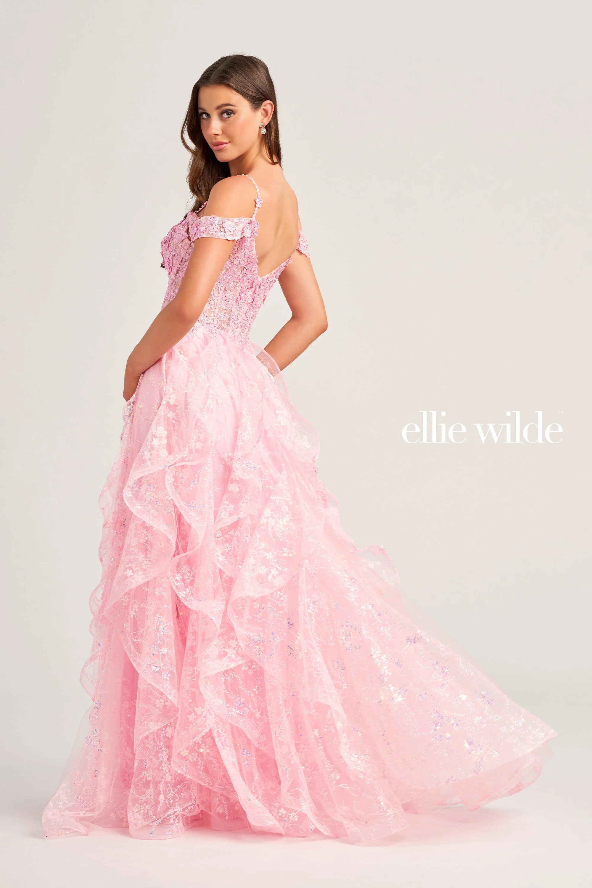 Ellie Wilde EW35218 Size 10 White Long Dress Sheer corset Sequin Ruffle Ballgown Prom Dress off the Shoulder - Image 3