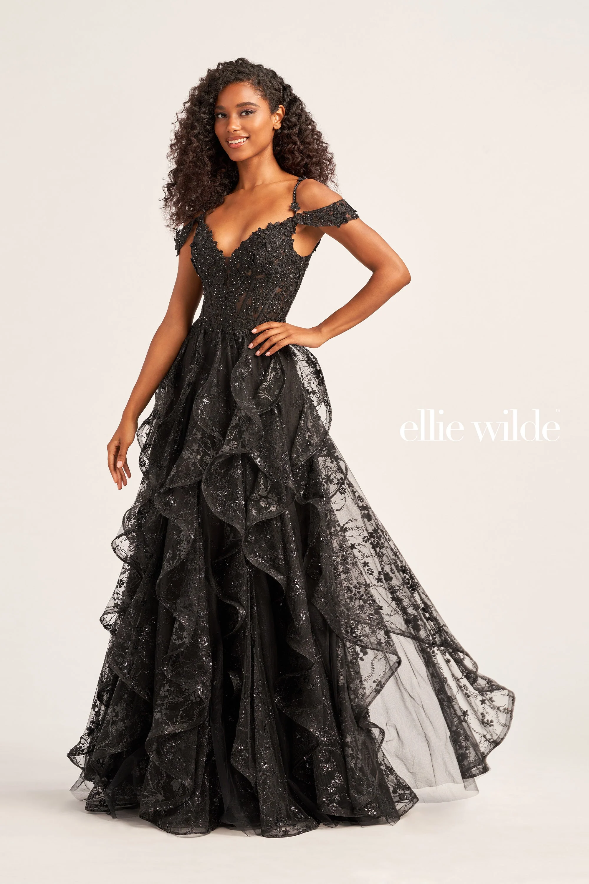 Ellie Wilde EW35218 Size 10 White Long Dress Sheer corset Sequin Ruffle Ballgown Prom Dress off the Shoulder - Image 4